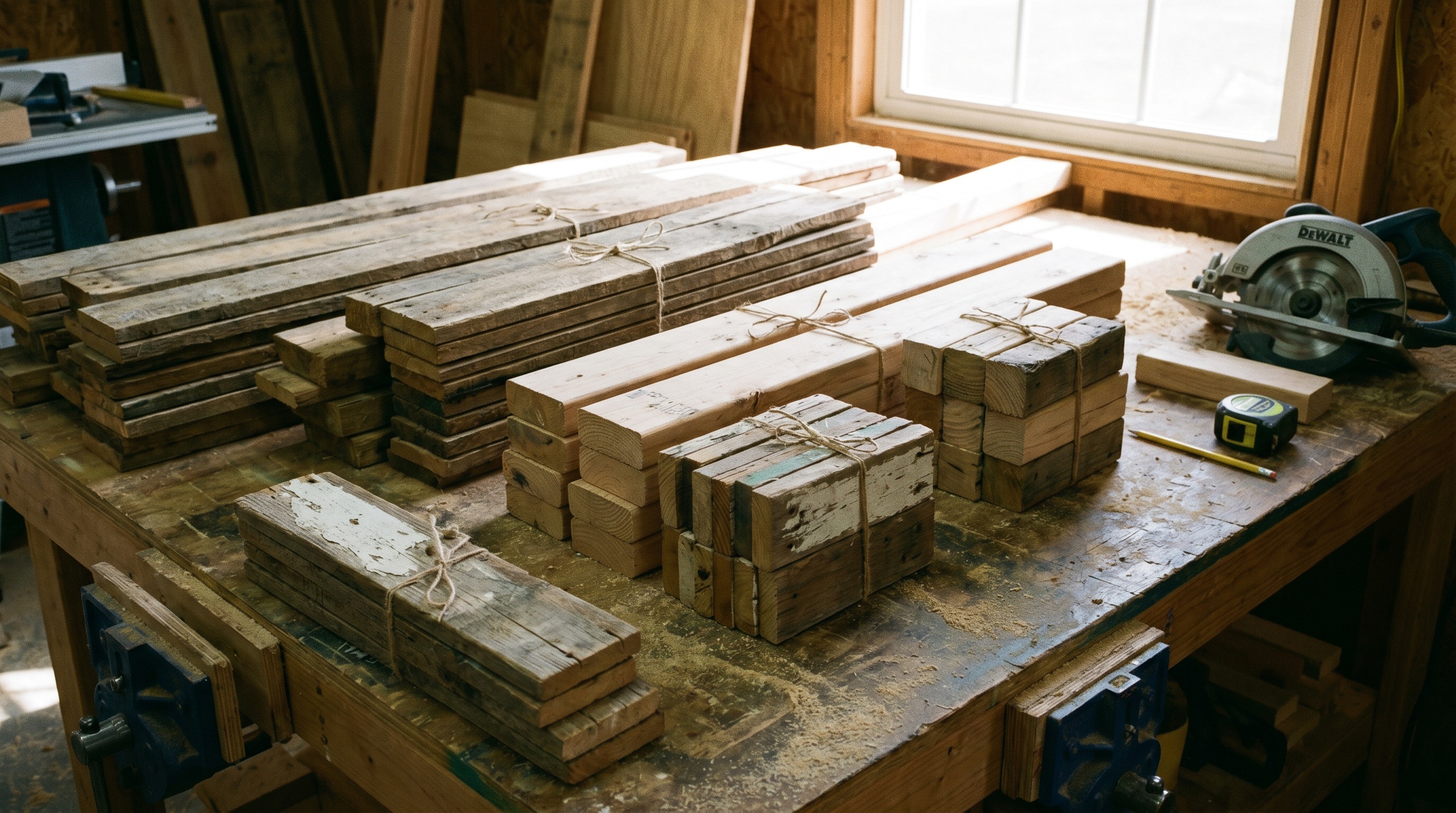Cut pallet wood pieces organized on workbench