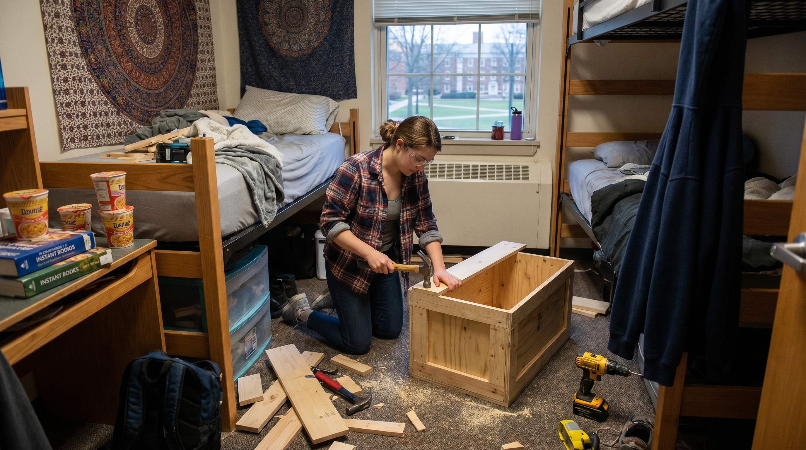 College student building wooden crate in dorm room