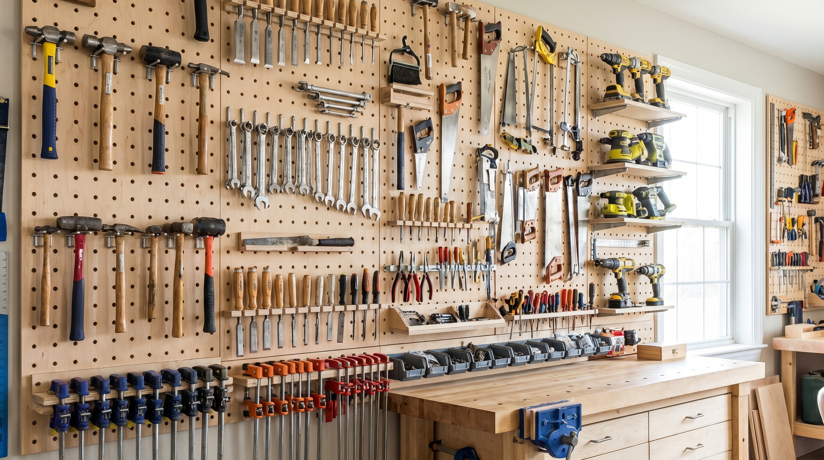 Vertical wall storage system with pegboards and hanging tools