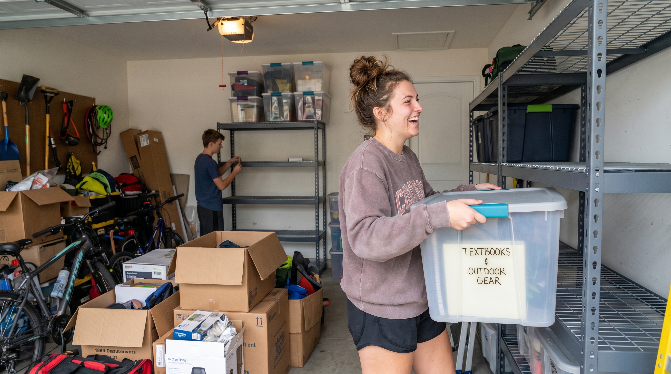 College student organizing cluttered garage with storage bins and shelves