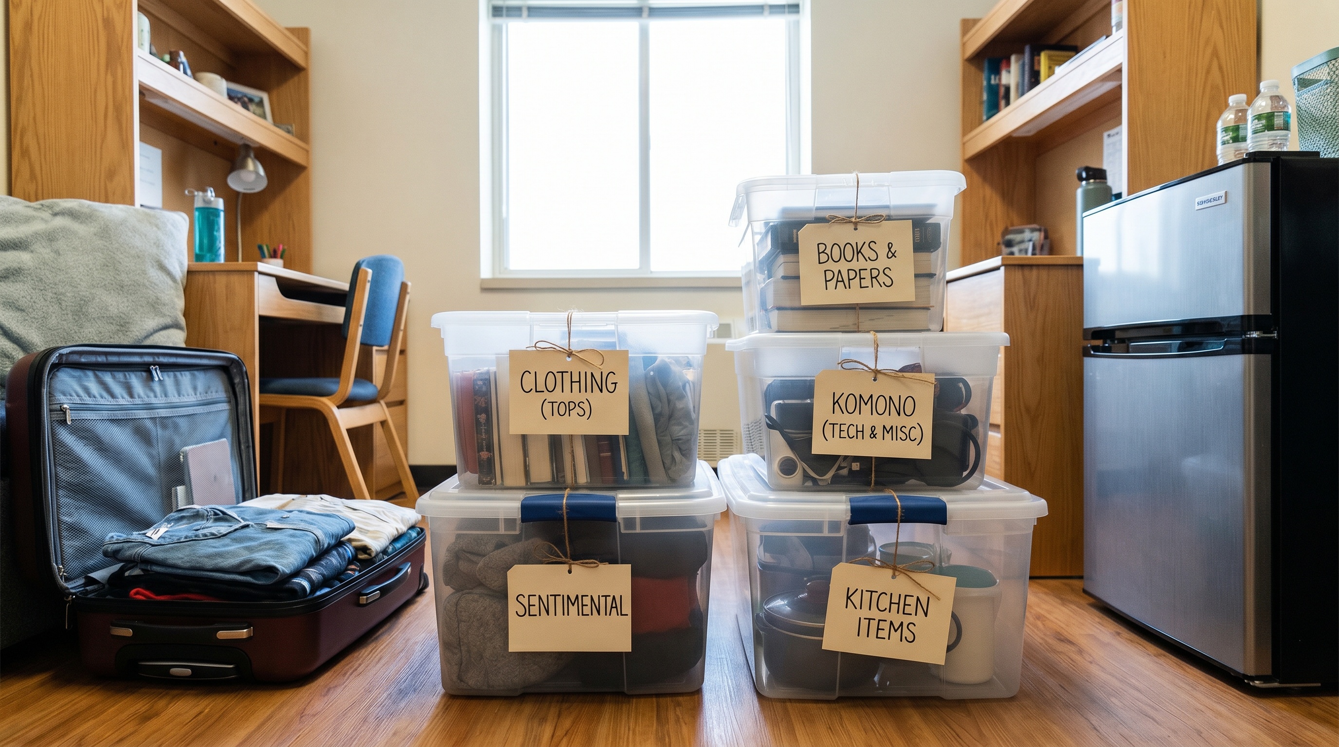 organized storage bins labeled with KonMari categories ready for college storage