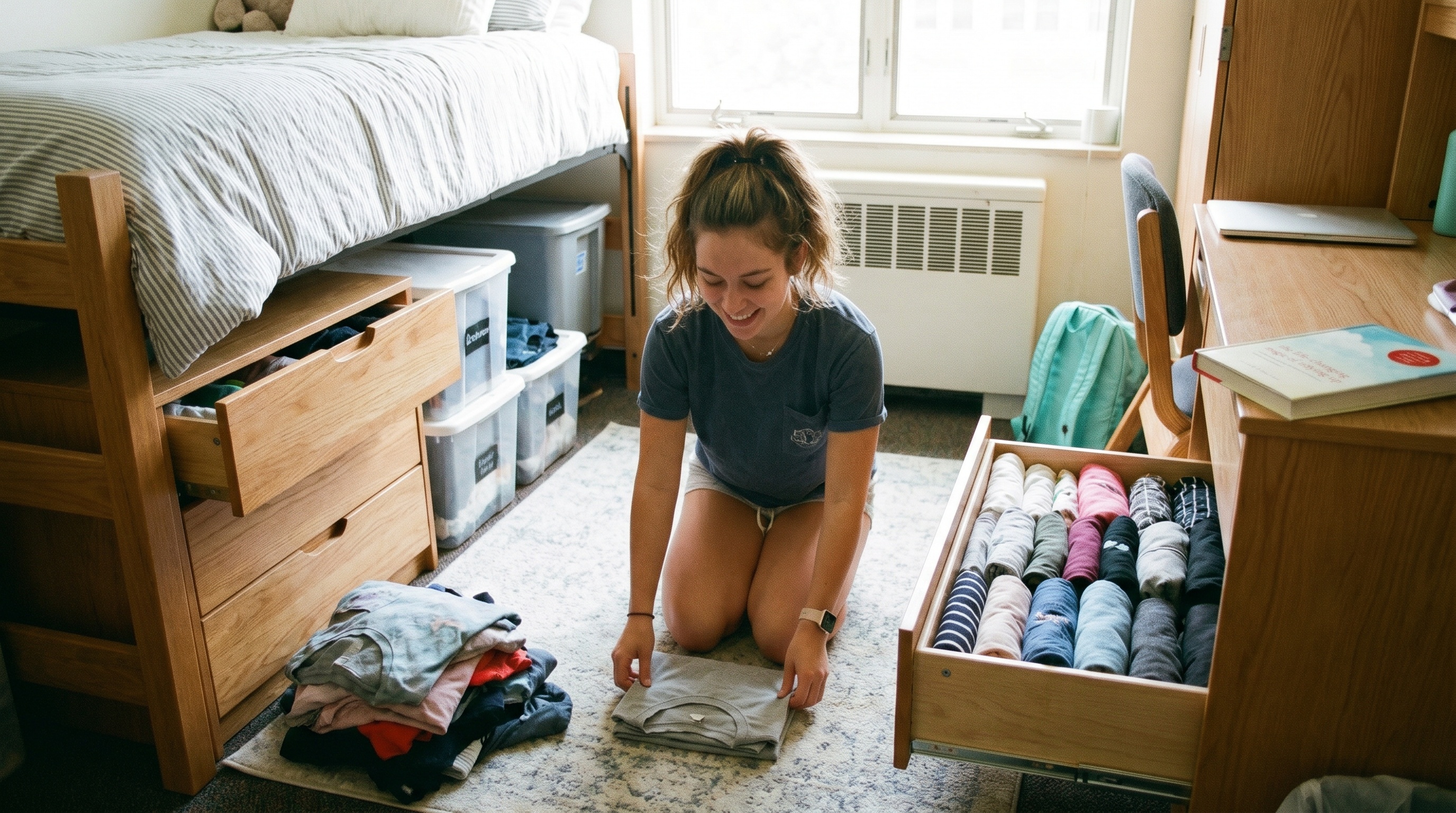 college student organizing dorm room with clothes folded using KonMari method