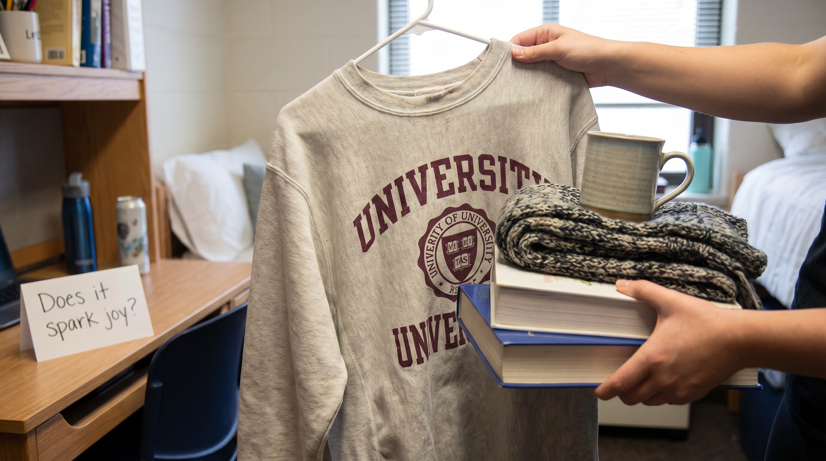 hands holding different college items like textbooks and clothes to demonstrate joy-sparking test