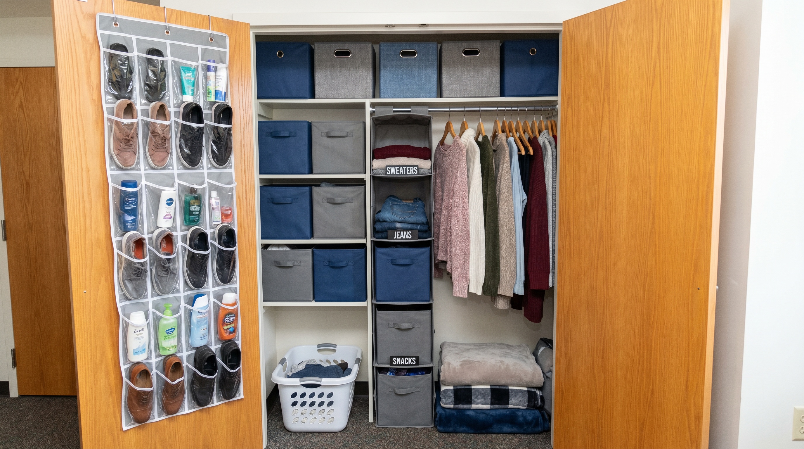 organized college dorm closet with door storage and cube organizers