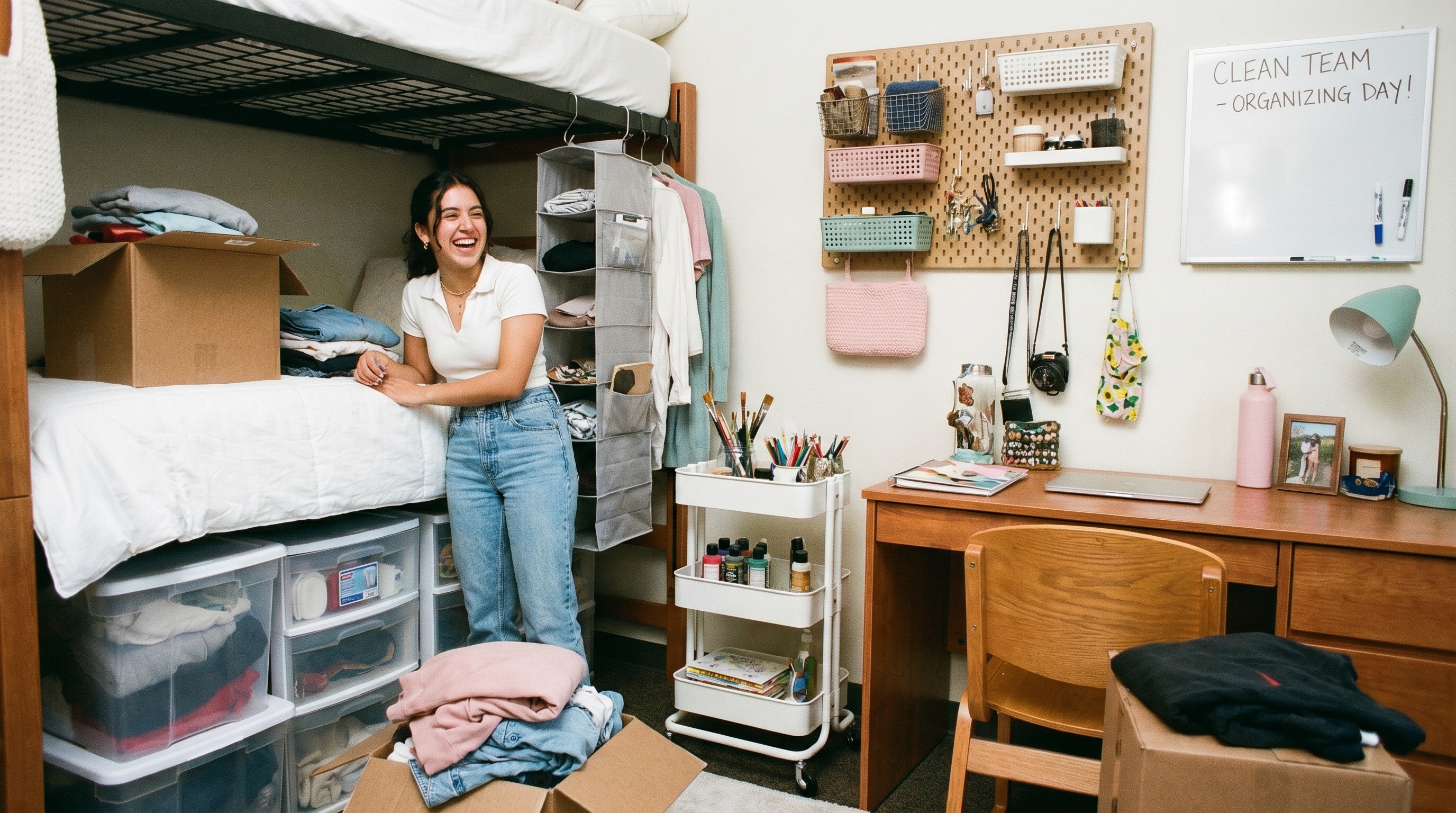 college student organizing dorm room with storage solutions