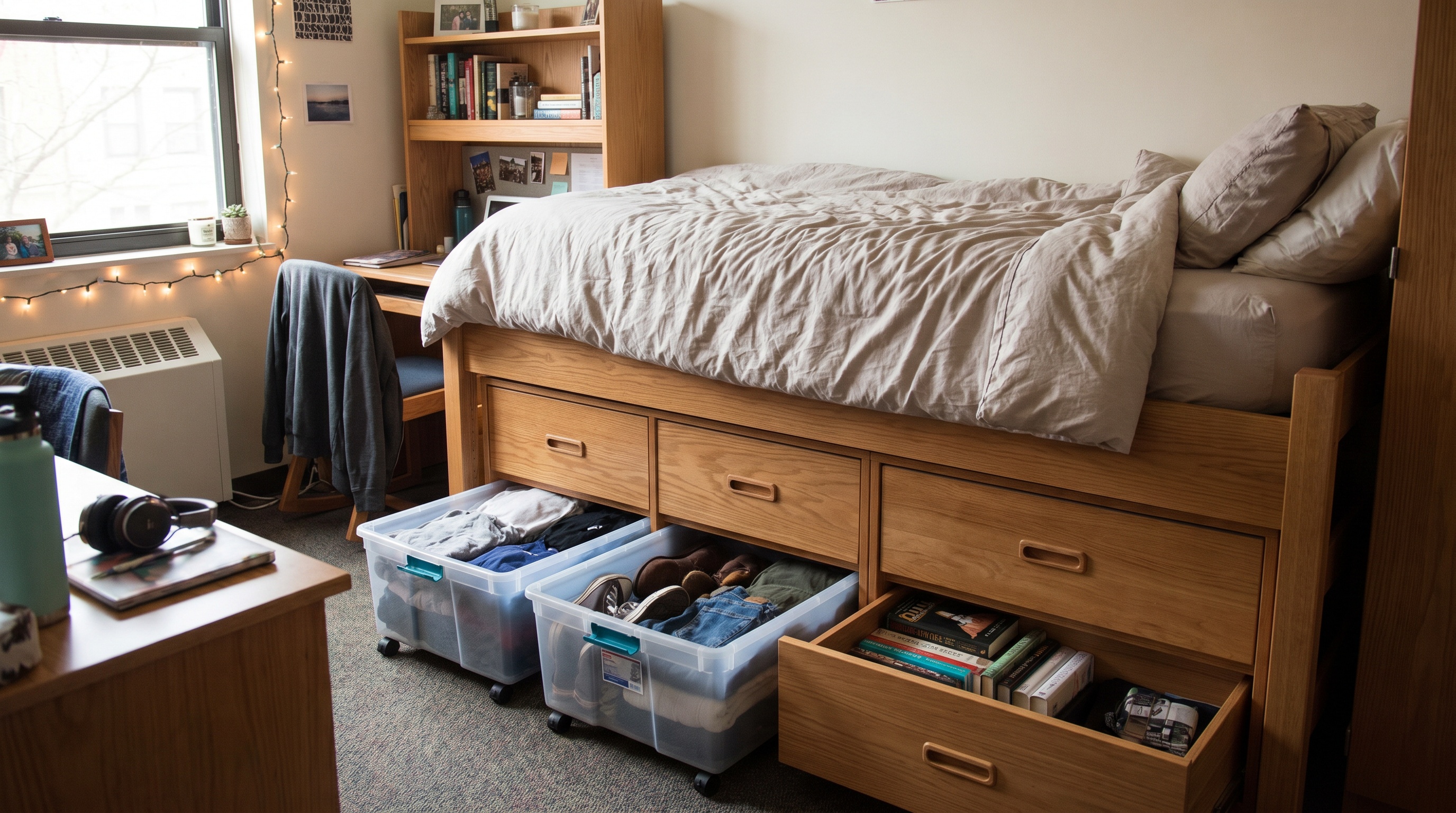 dorm room with under-bed storage bins and platform bed with drawers