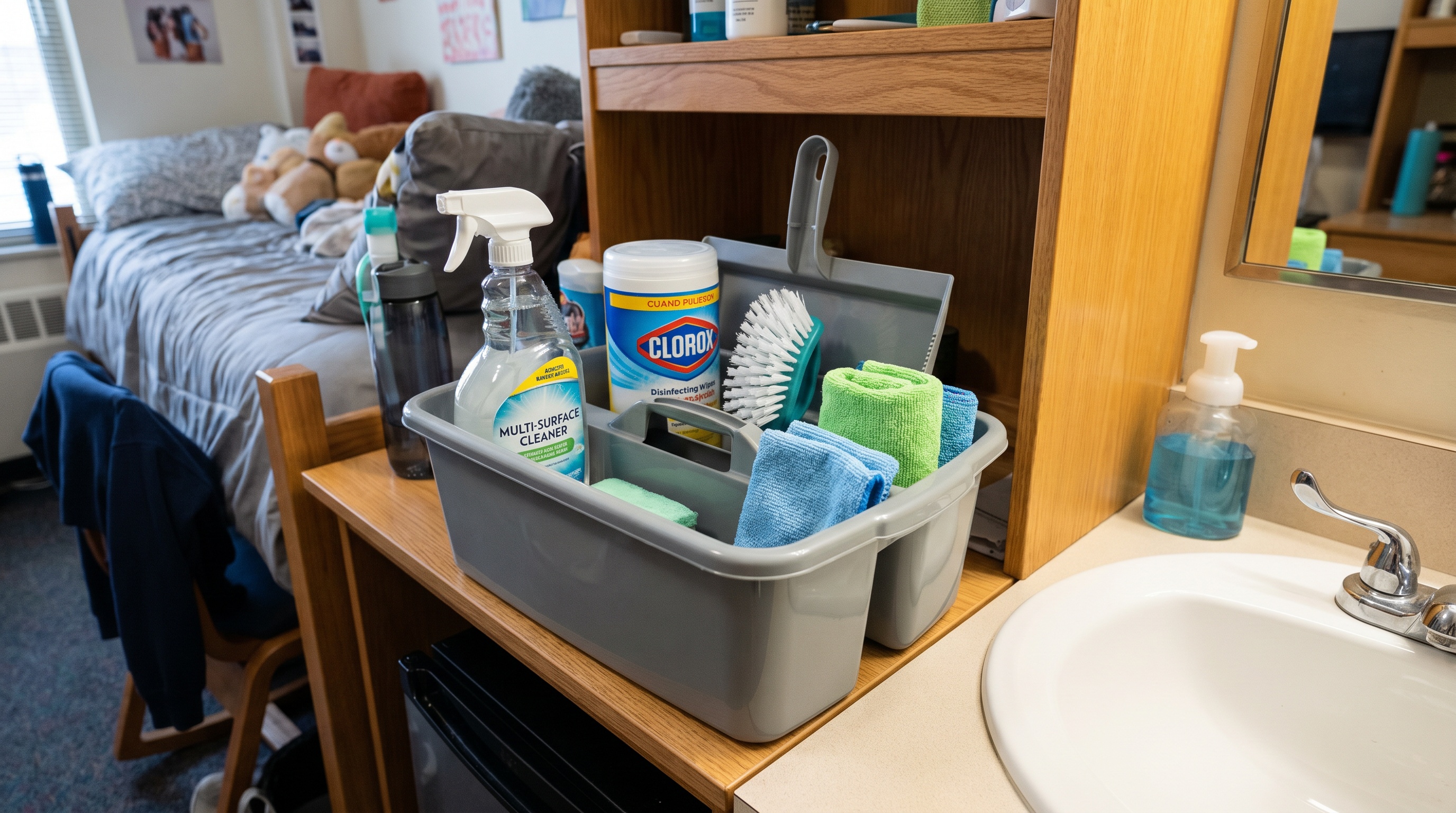 Organized cleaning supplies caddy for college dorm