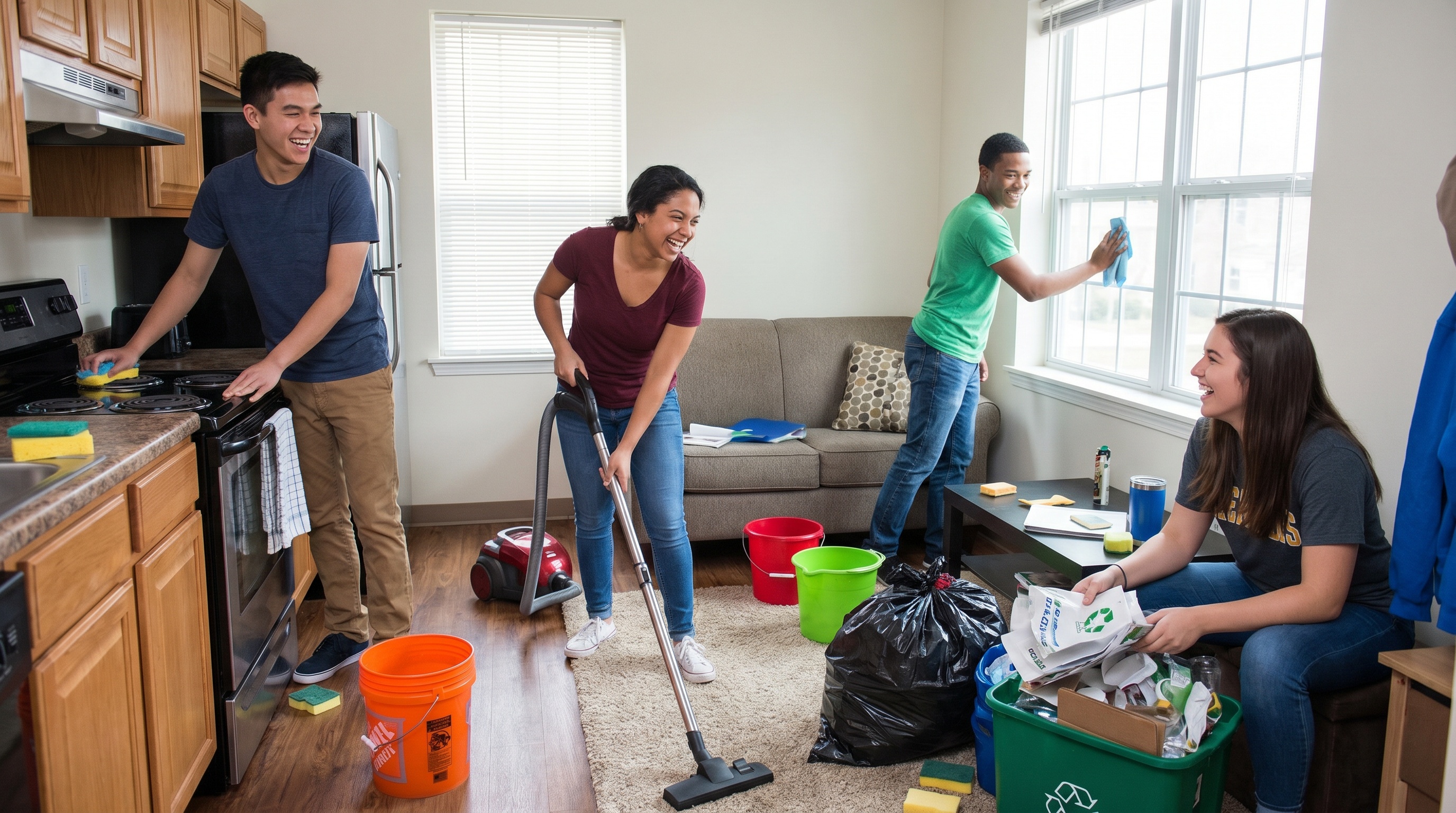 College students doing monthly deep cleaning together