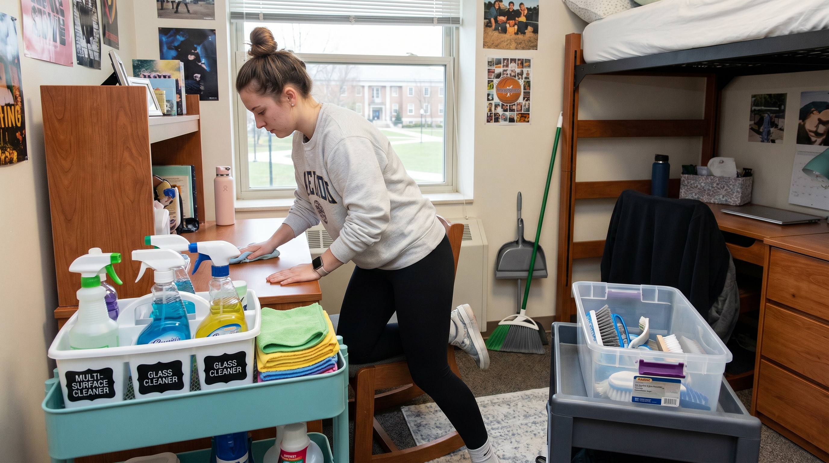 College student cleaning dorm room with organized supplies