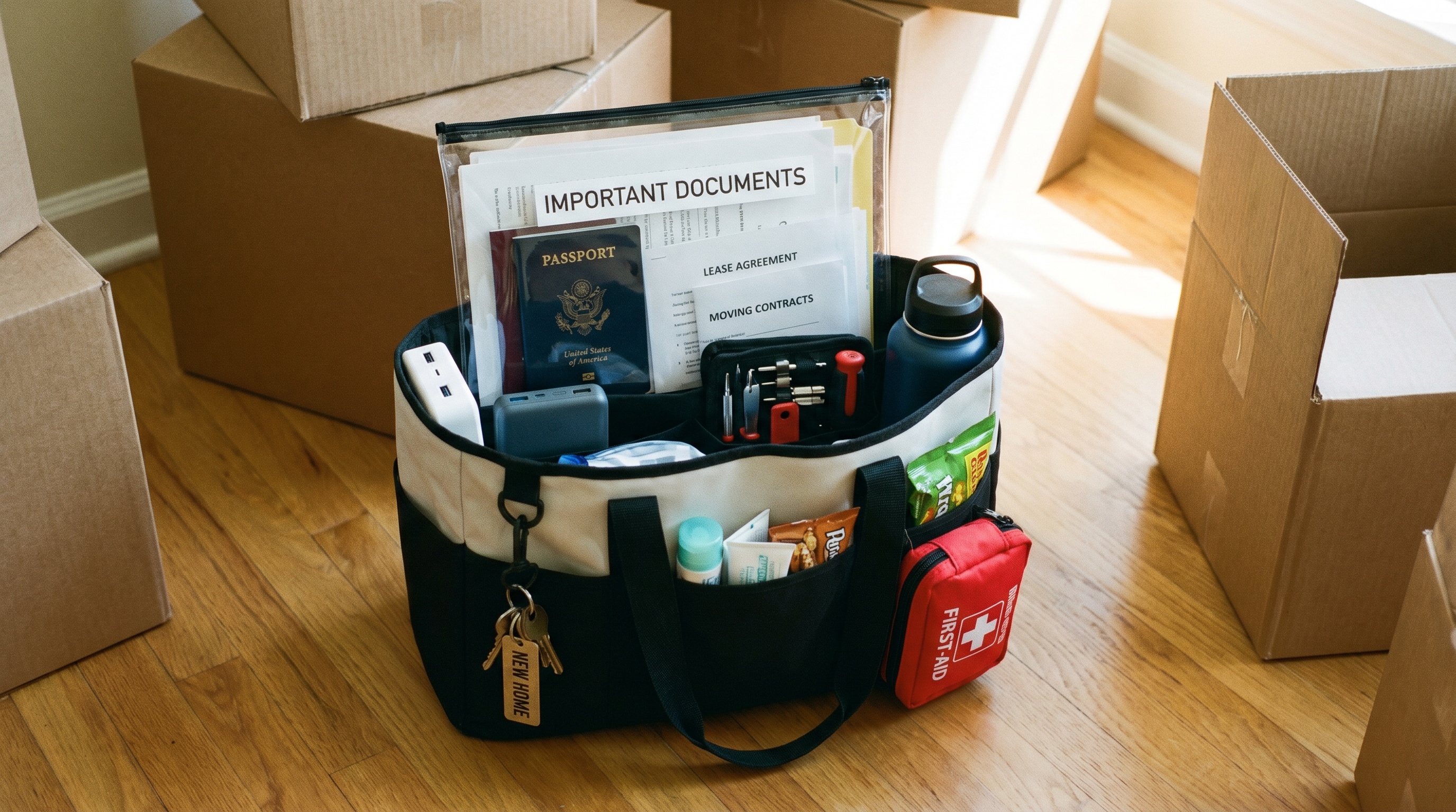 Organized moving day essentials bag with documents