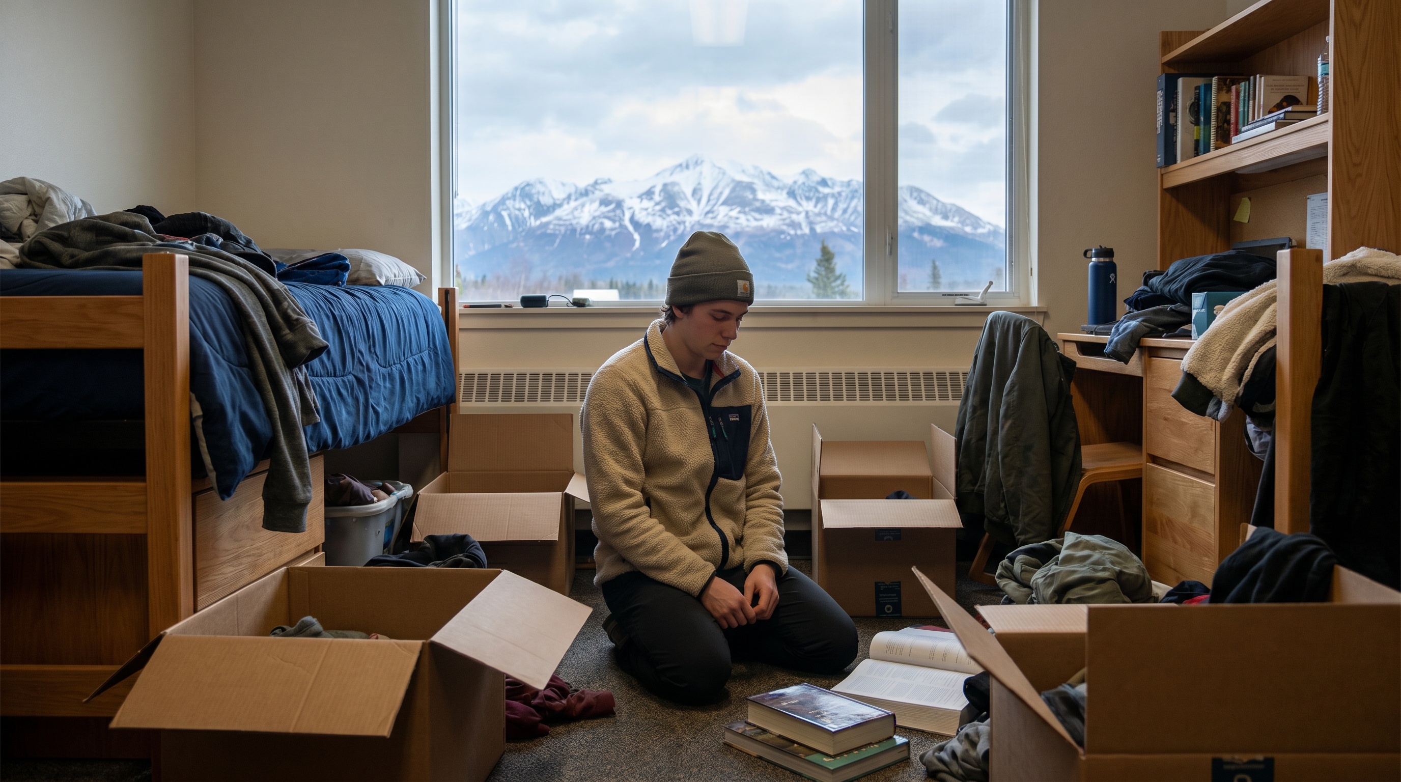 College student packing boxes in dorm room with Alaska mountains in background