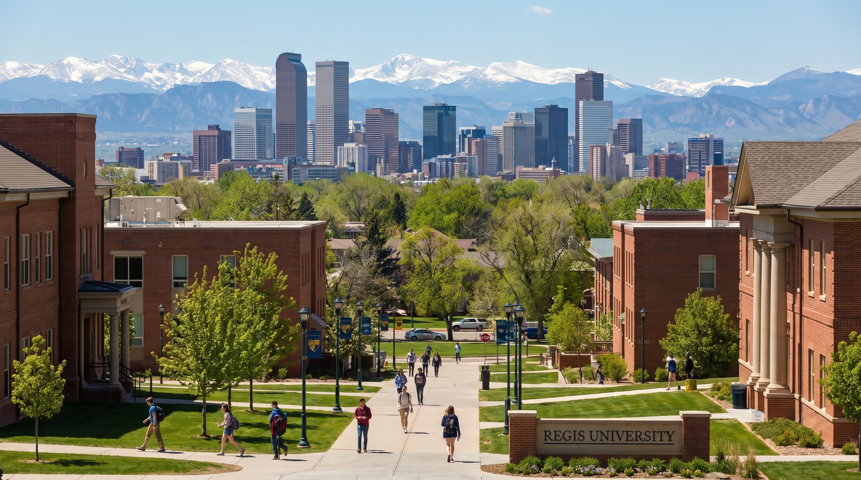 Denver skyline with Rocky Mountains and college campus in foreground