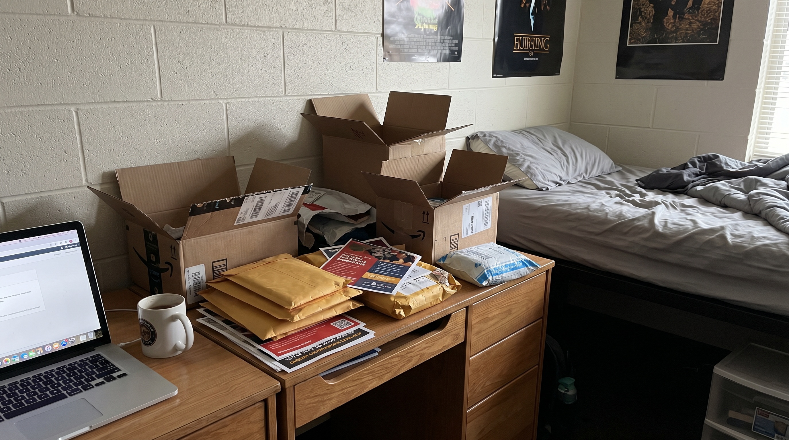 Dorm room with boxes and mail scattered on desk