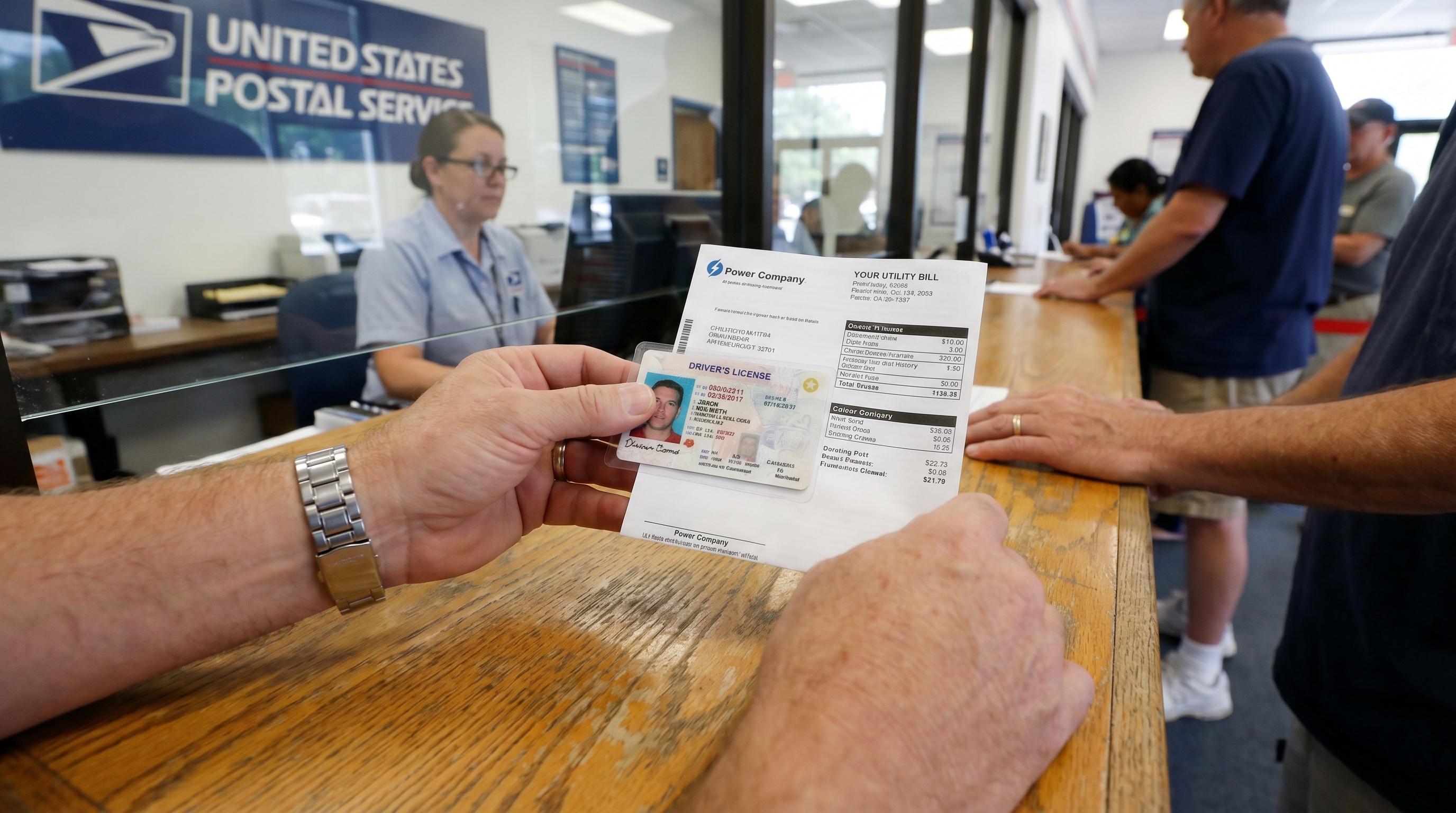 Hands holding drivers license and utility bill at post office