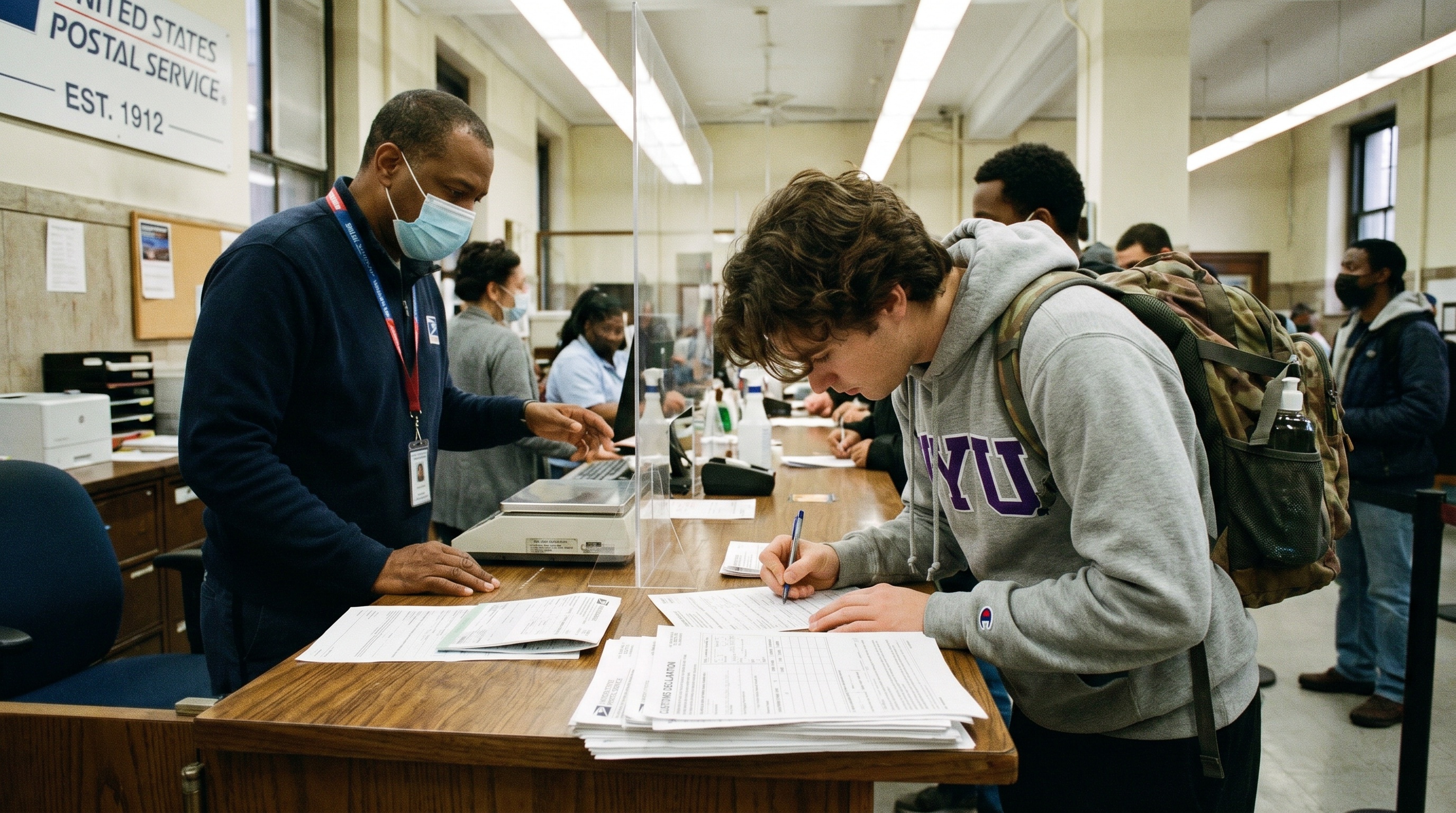 College student at post office counter with forms