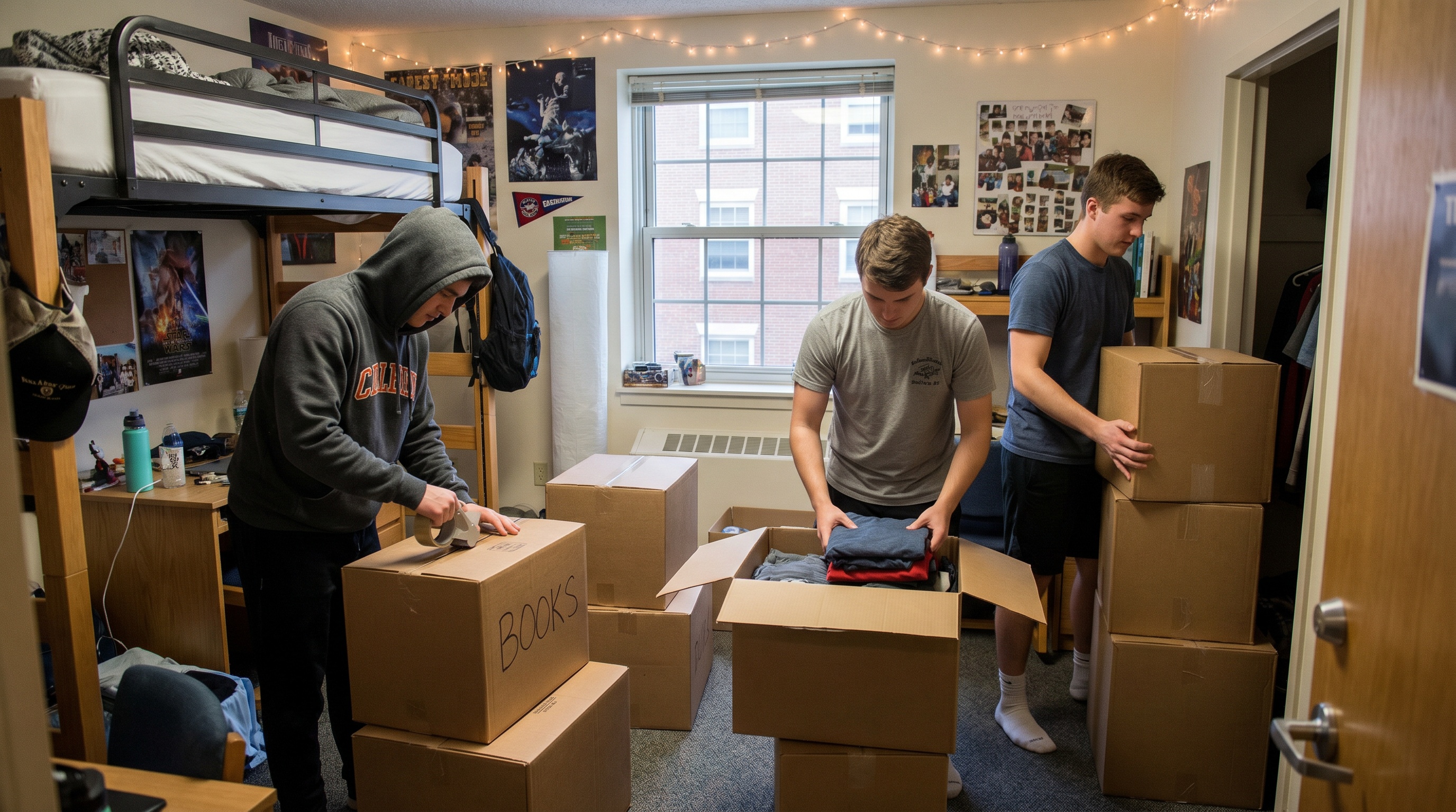College students packing boxes in dorm room