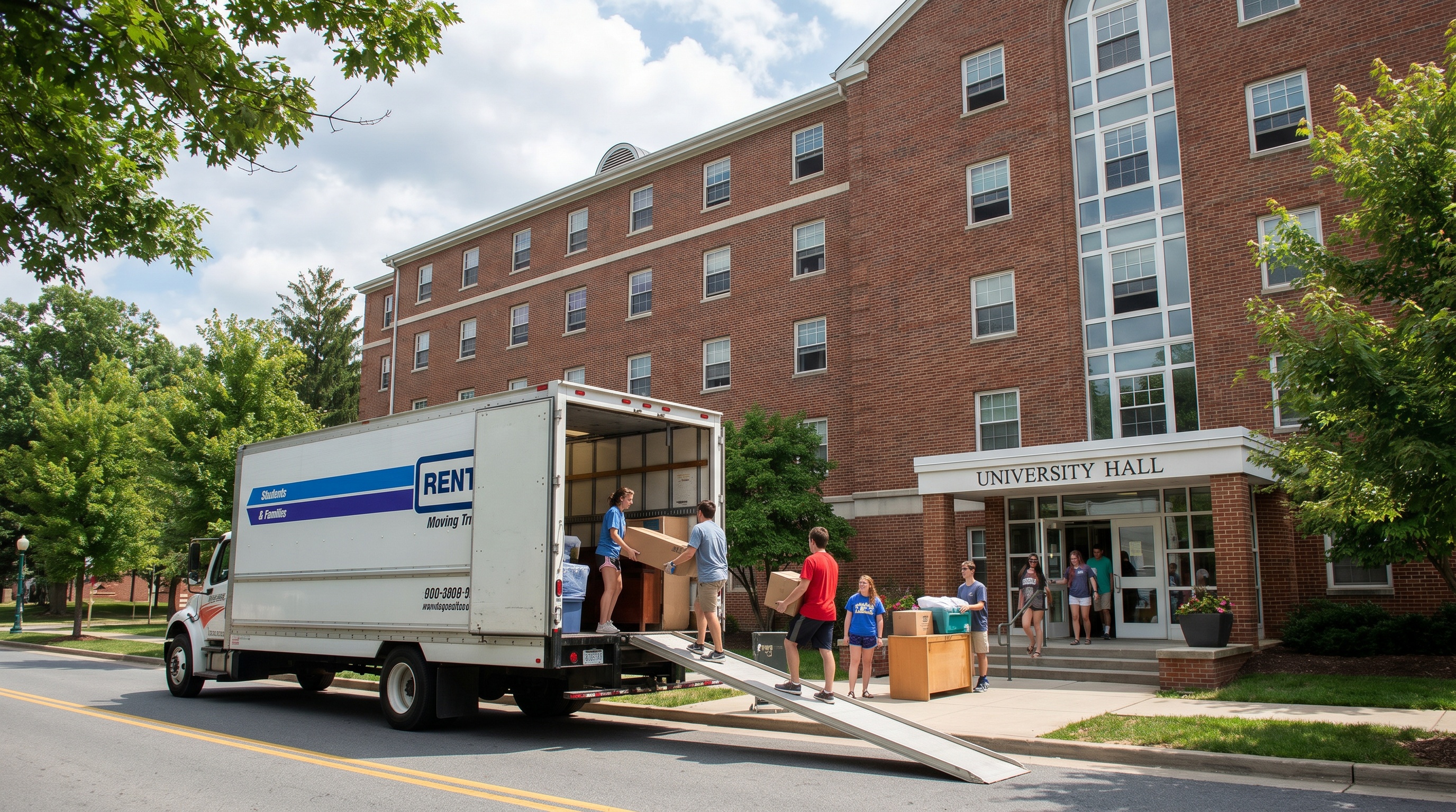 Moving truck outside college dormitory