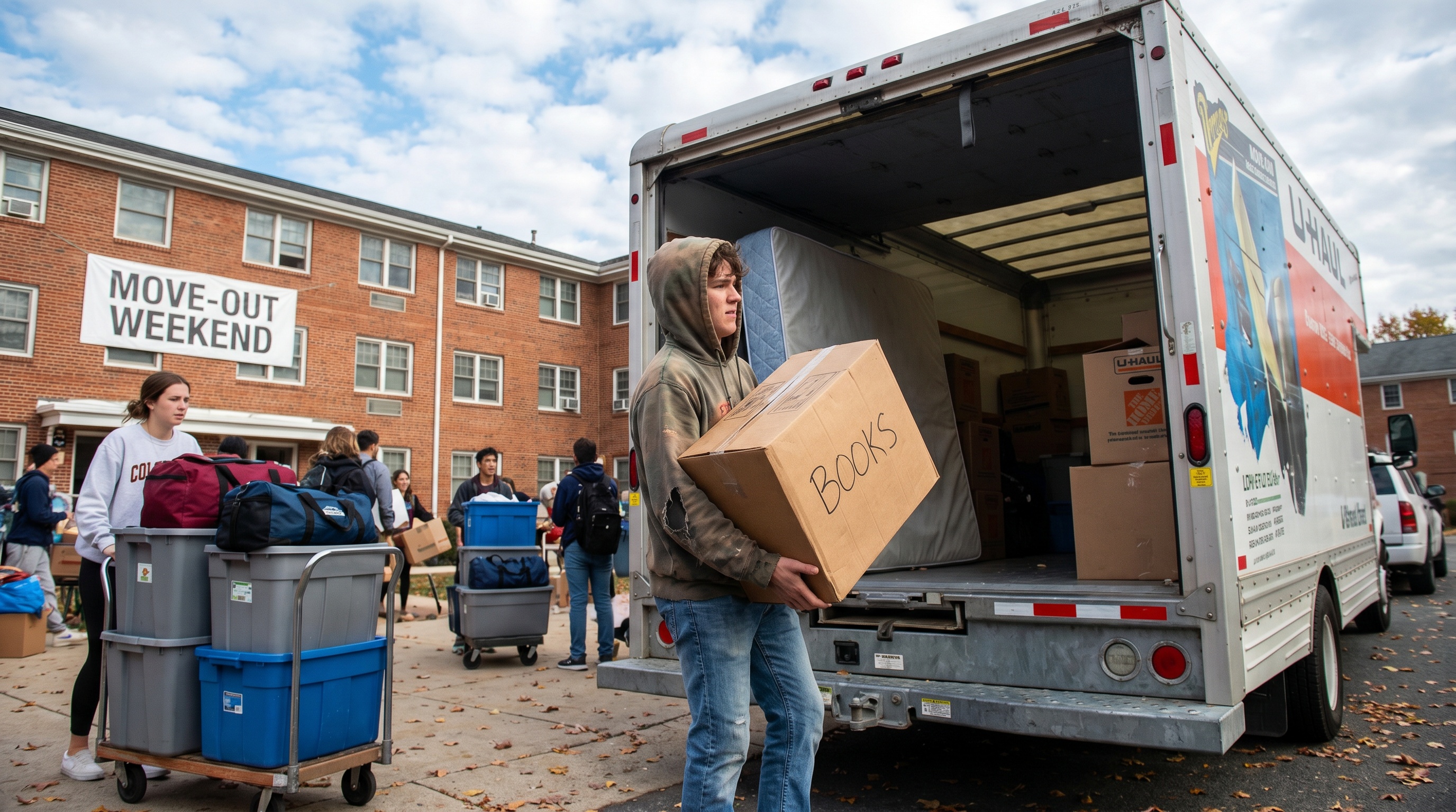 College student loading boxes and belongings into a U-Haul moving truck during dorm move-out day