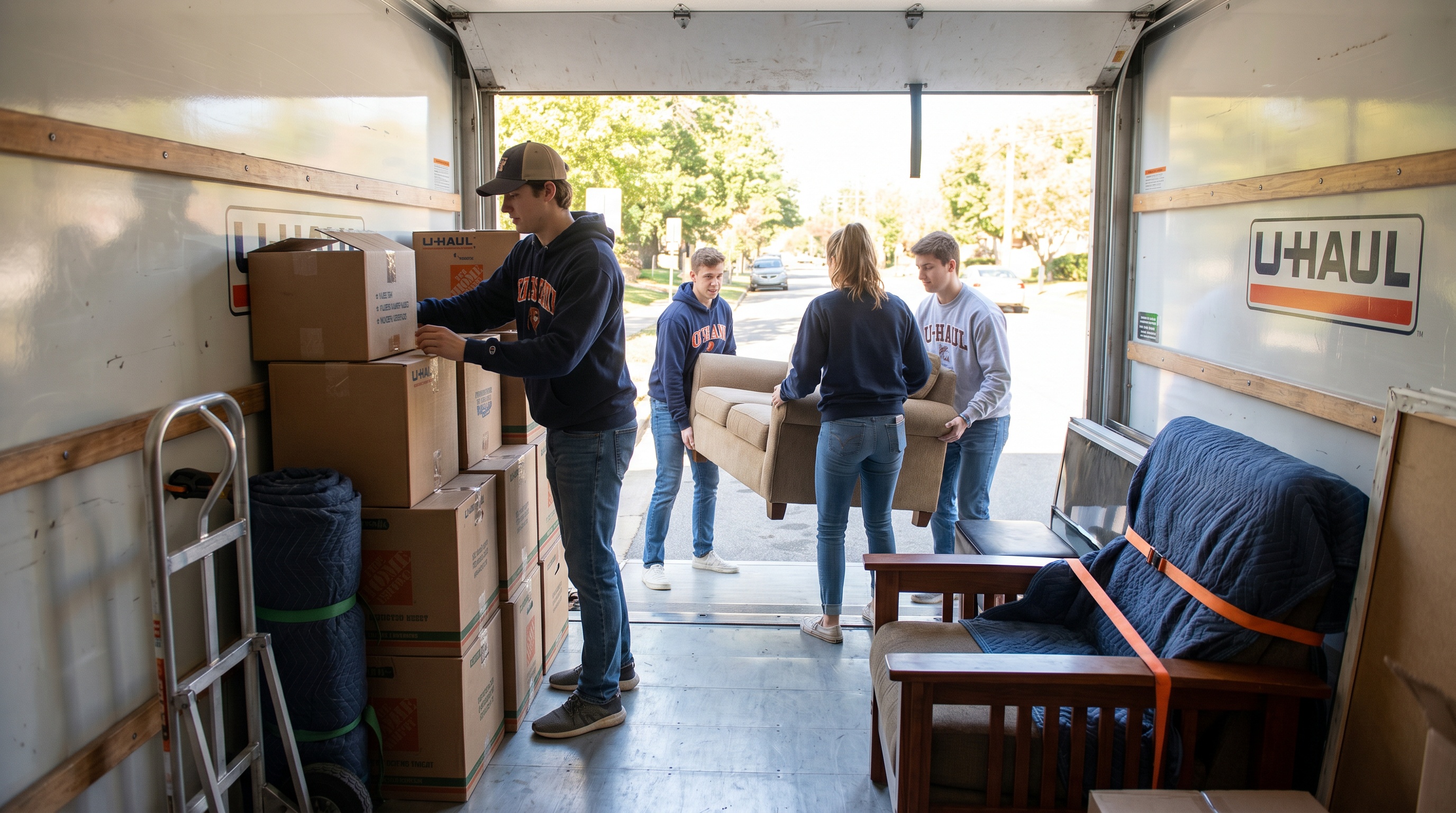 College students efficiently packing and organizing boxes and furniture inside a U-Haul moving truck