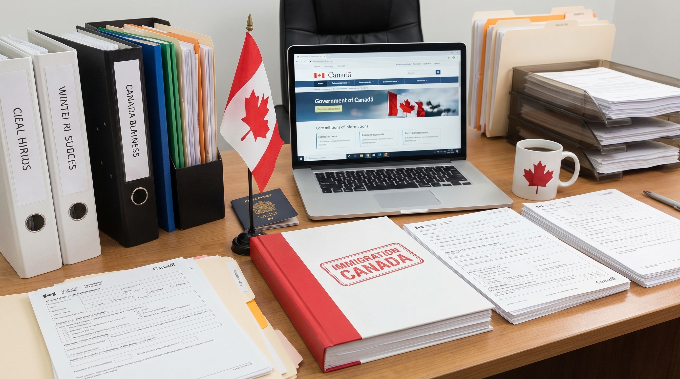 Organized documents and forms on desk for Canada immigration