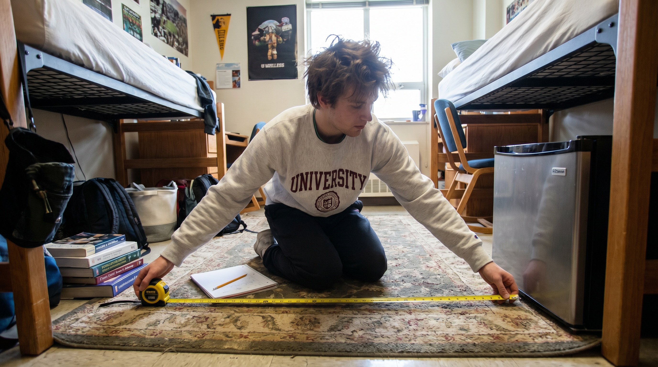 College student measuring dorm room items with tape measure