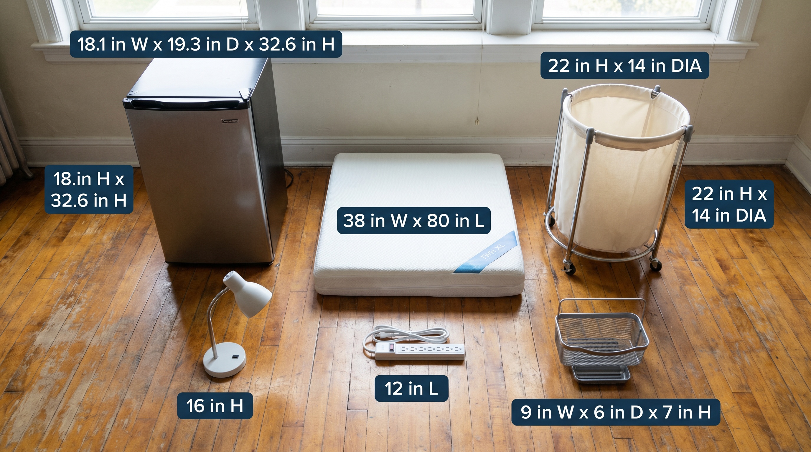 Typical college dorm items laid out with measurements labeled