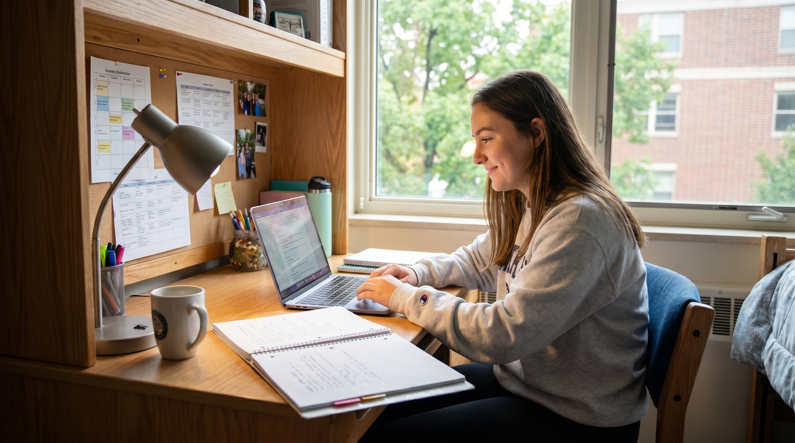 college student working from dorm room desk setup