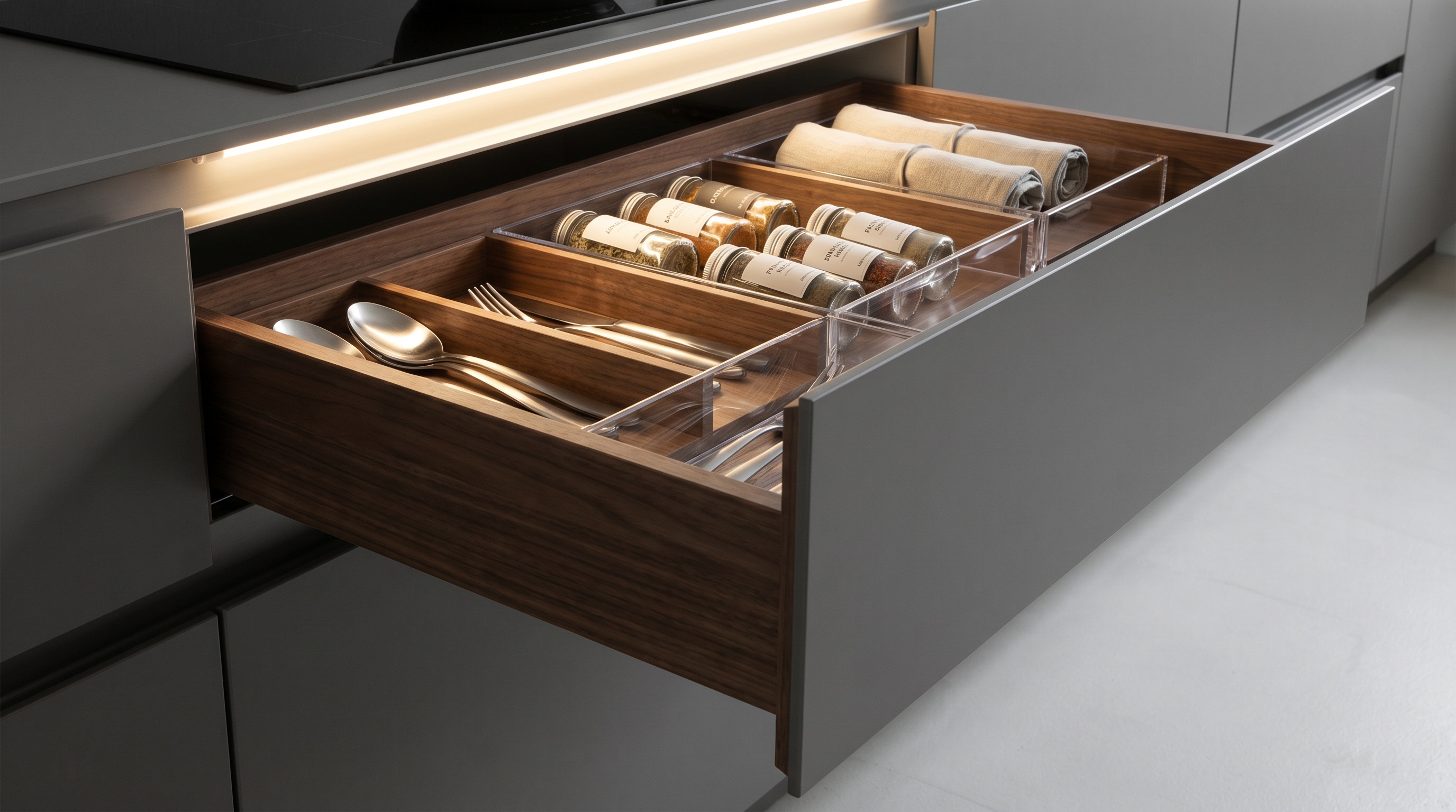 close-up of modern kitchen drawer with LED lighting and organized compartments