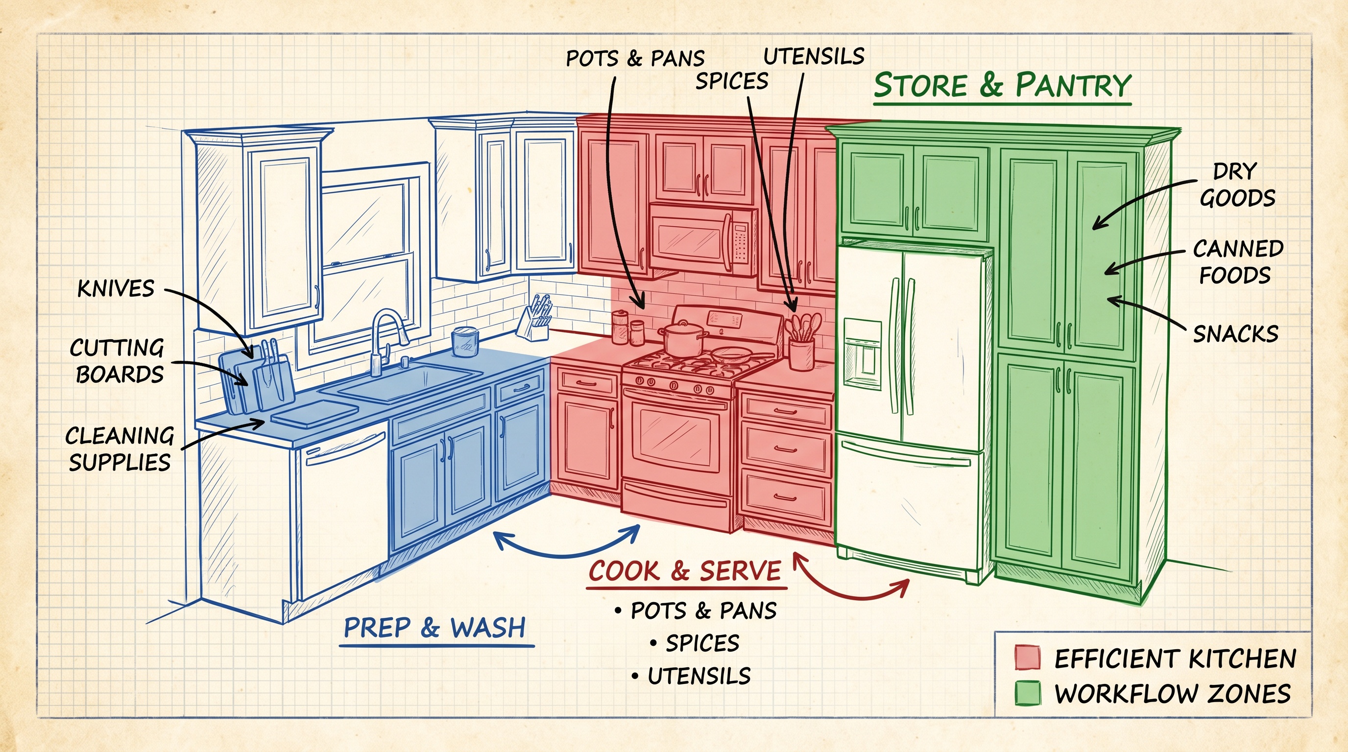 kitchen layout diagram showing efficient workflow zones with storage placement