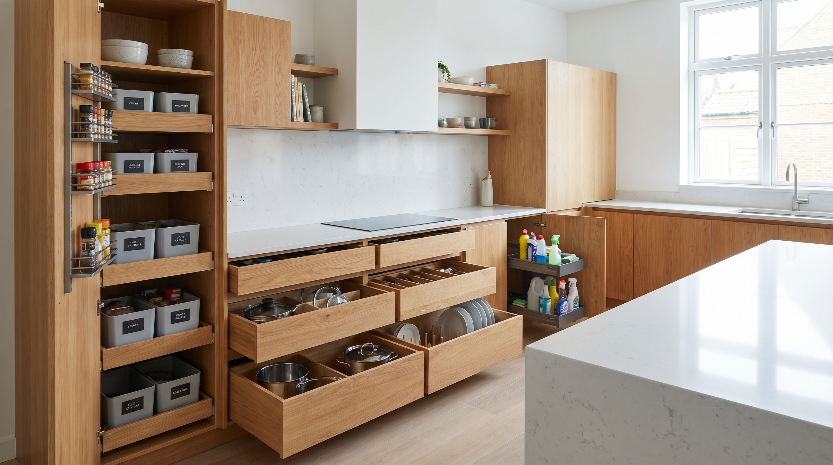 modern kitchen with organized cabinets and pull-out drawers showing maximized storage solutions