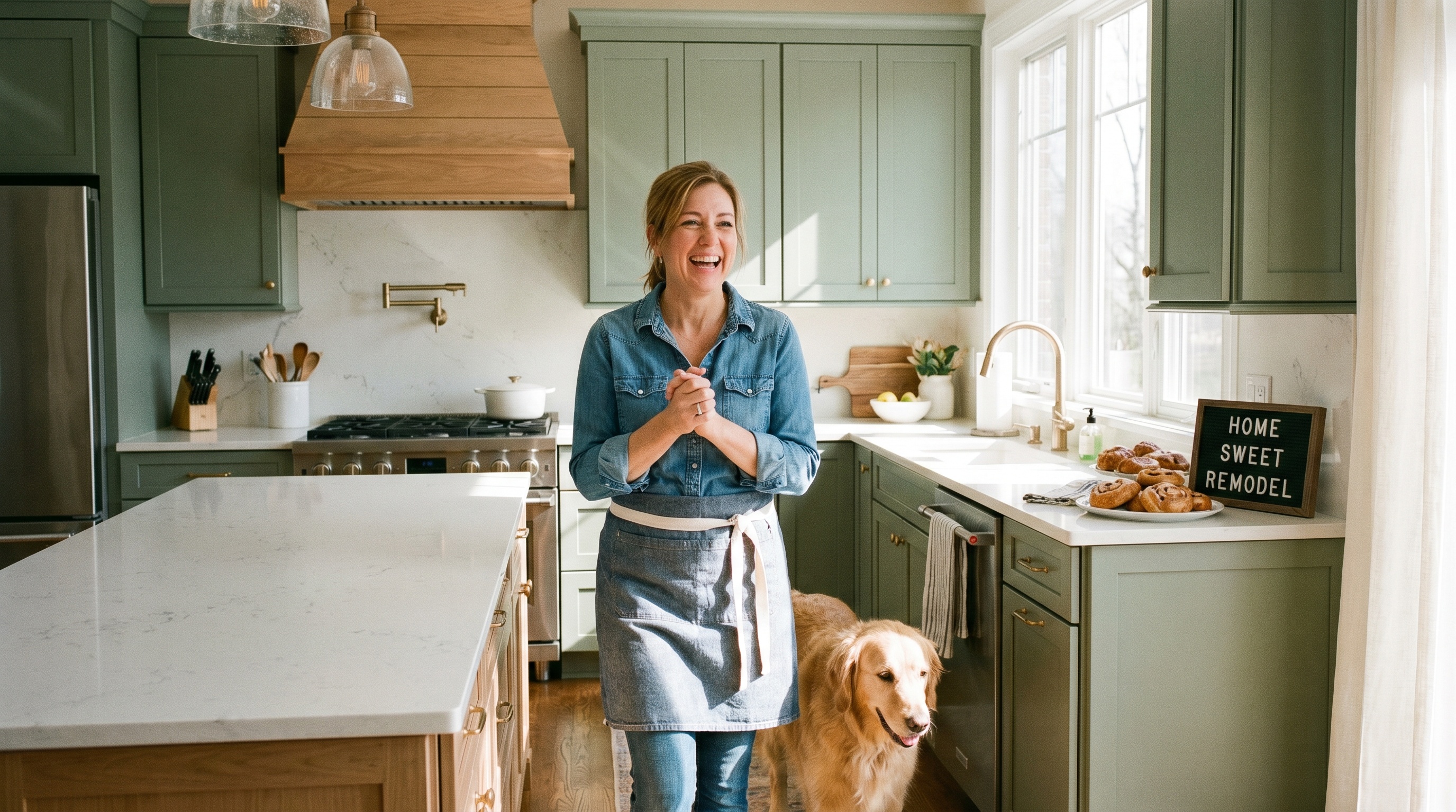 happy homeowner in newly remodeled kitchen