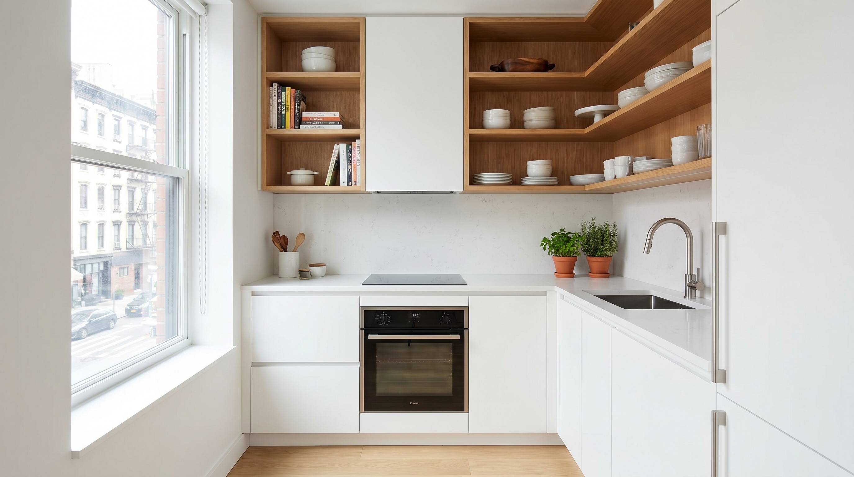 small modern kitchen with white cabinets and open shelving