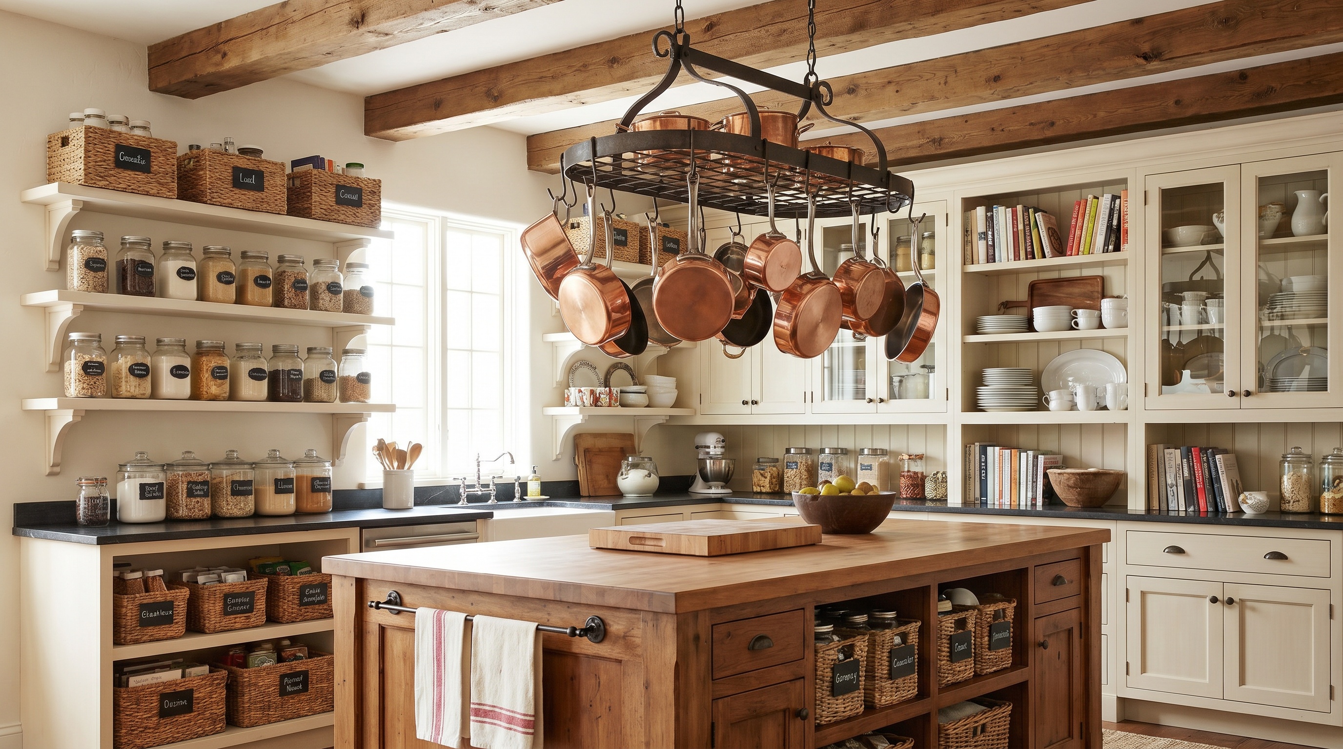 kitchen with ceiling pot rack and organized storage