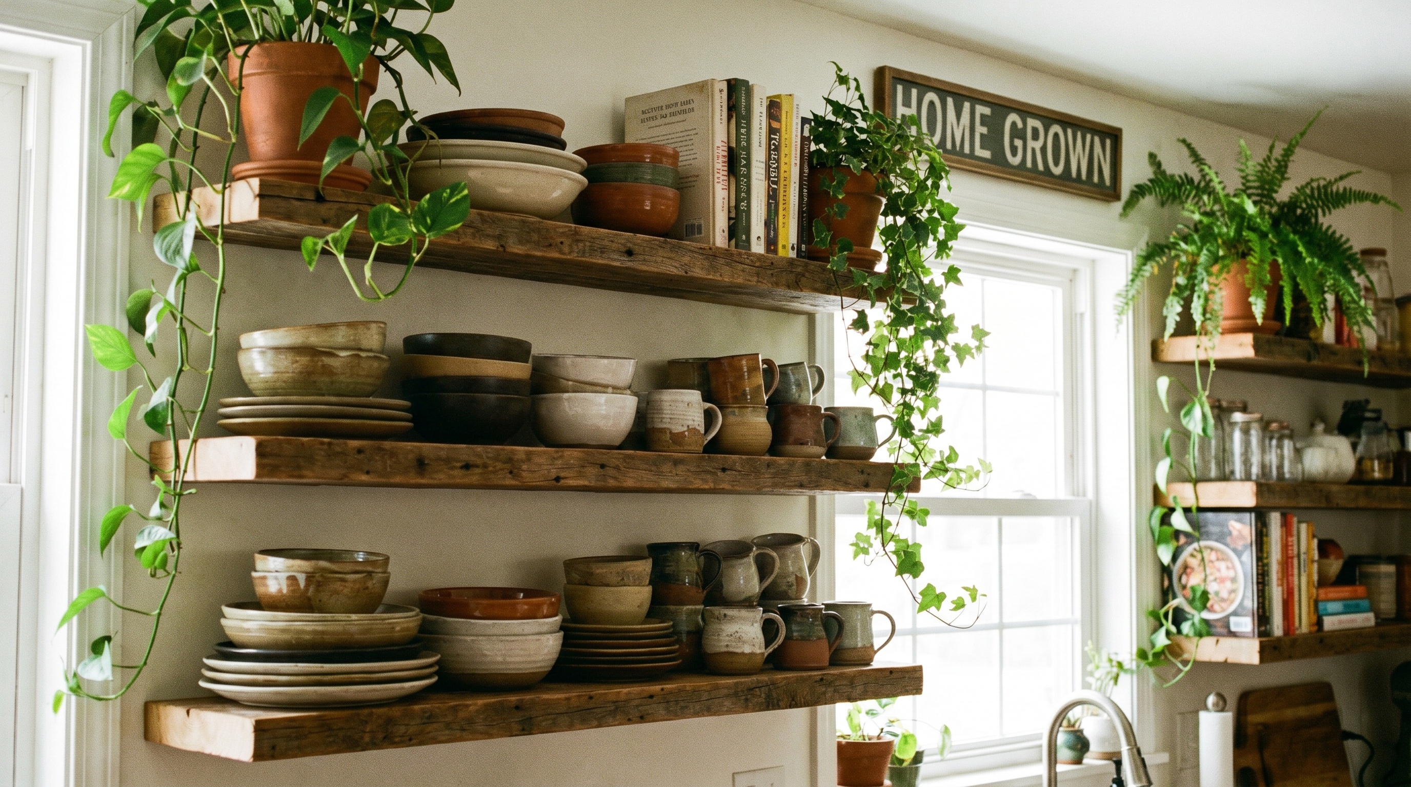diy floating shelves with dishes and plants