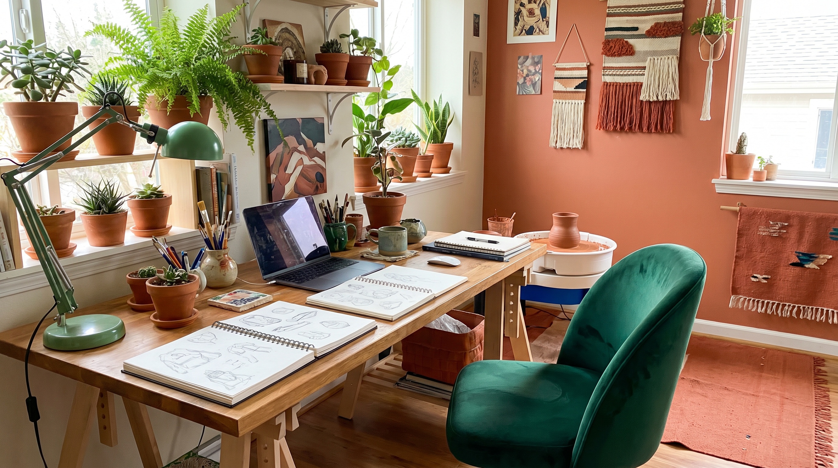 student's creative workspace with terra cotta and green accents