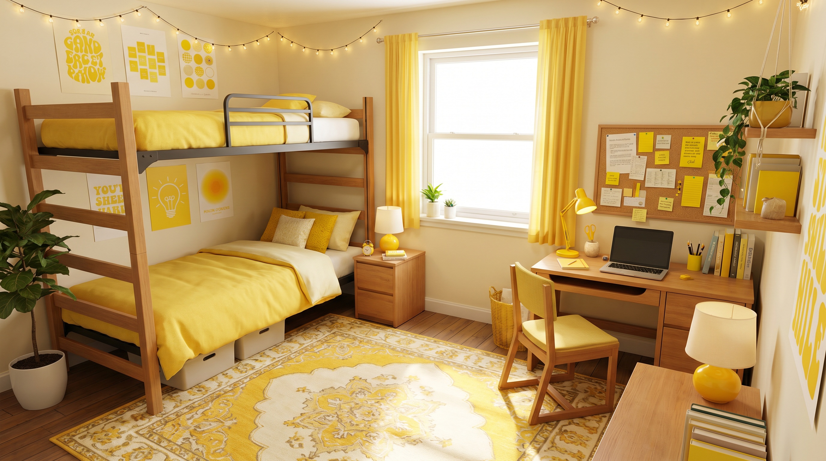 bright dorm room with yellow accents and study area