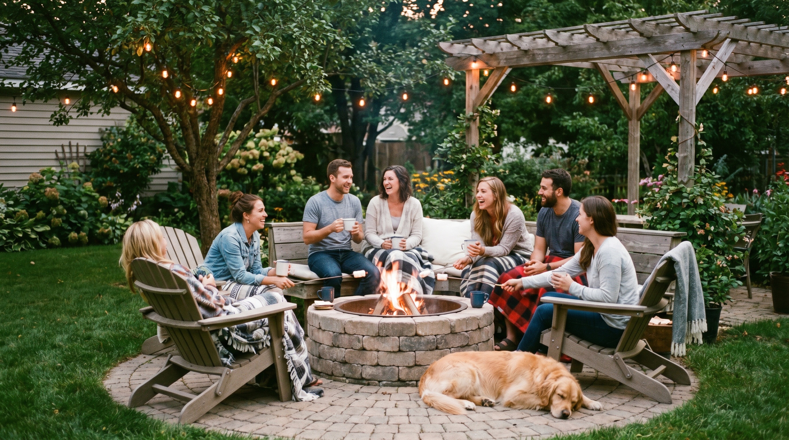 Cozy backyard fire pit with friends gathered around in evening setting