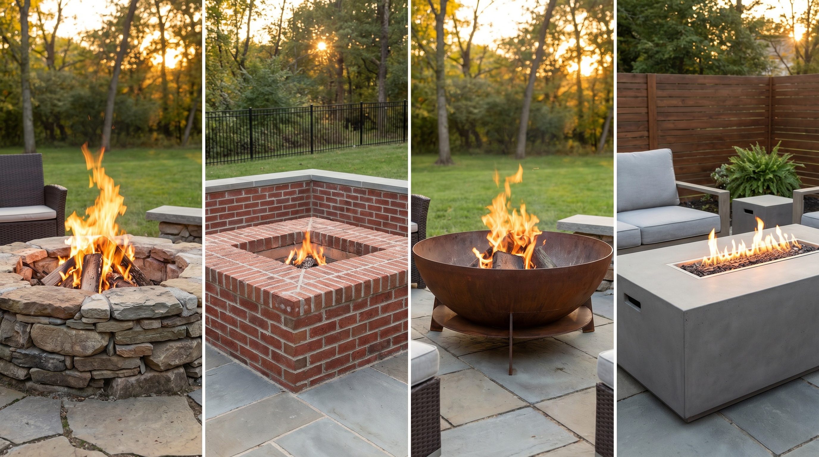Various fire pit materials comparison including stone, brick, metal, and concrete