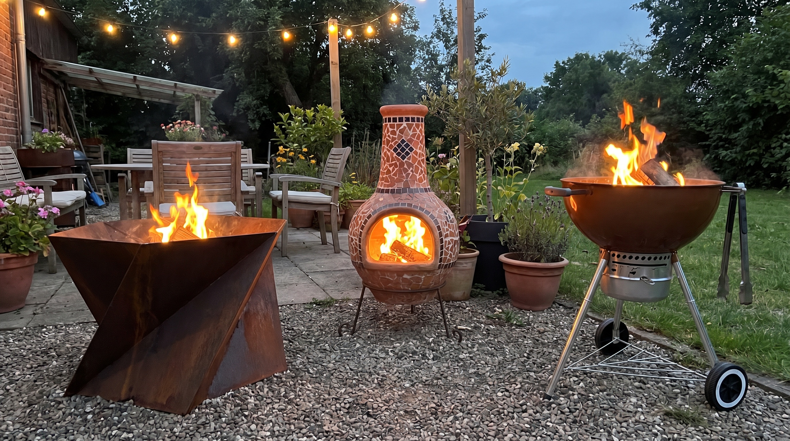 Unique fire pit designs including chiminea, upcycled, and BBQ styles