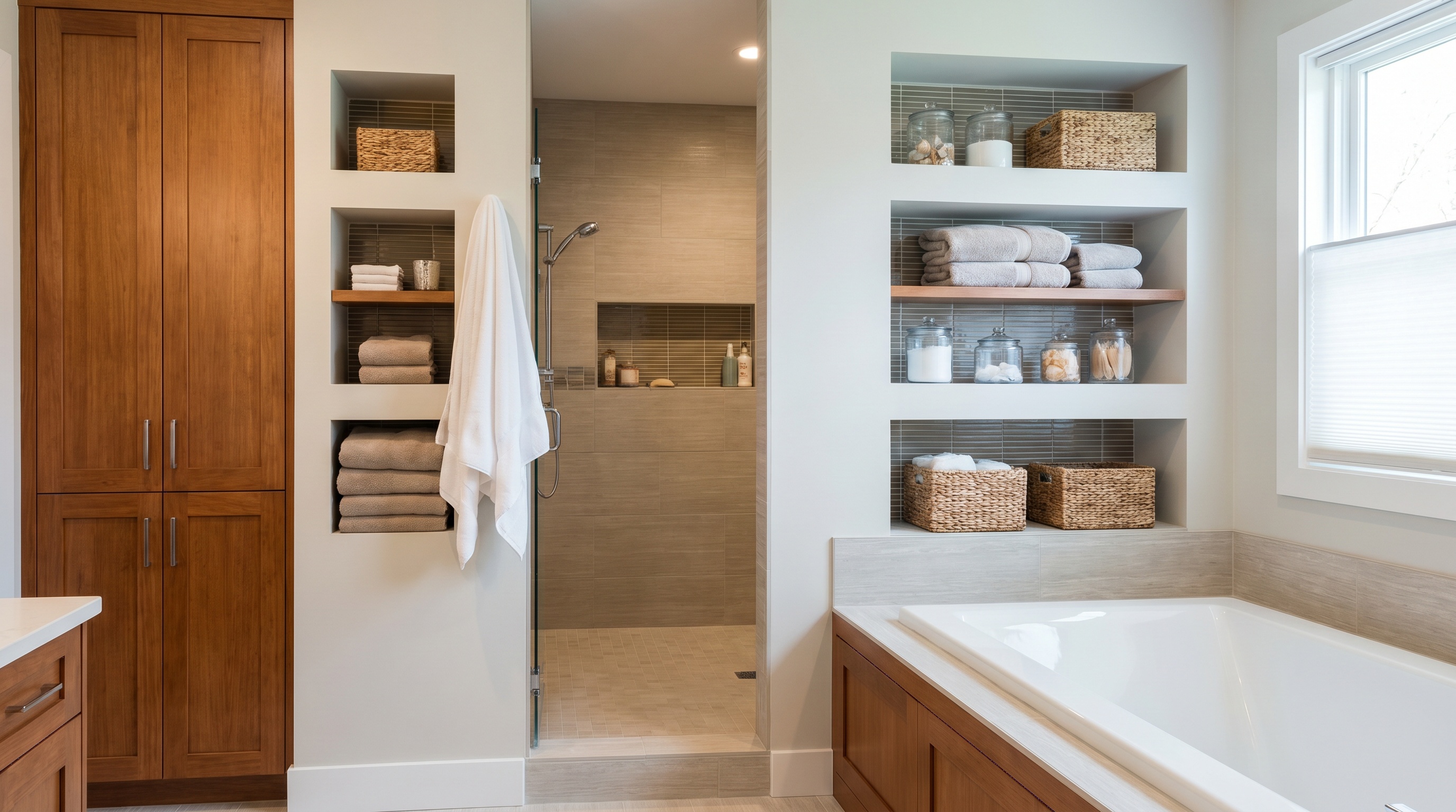 bathroom with built-in storage and recessed shelving