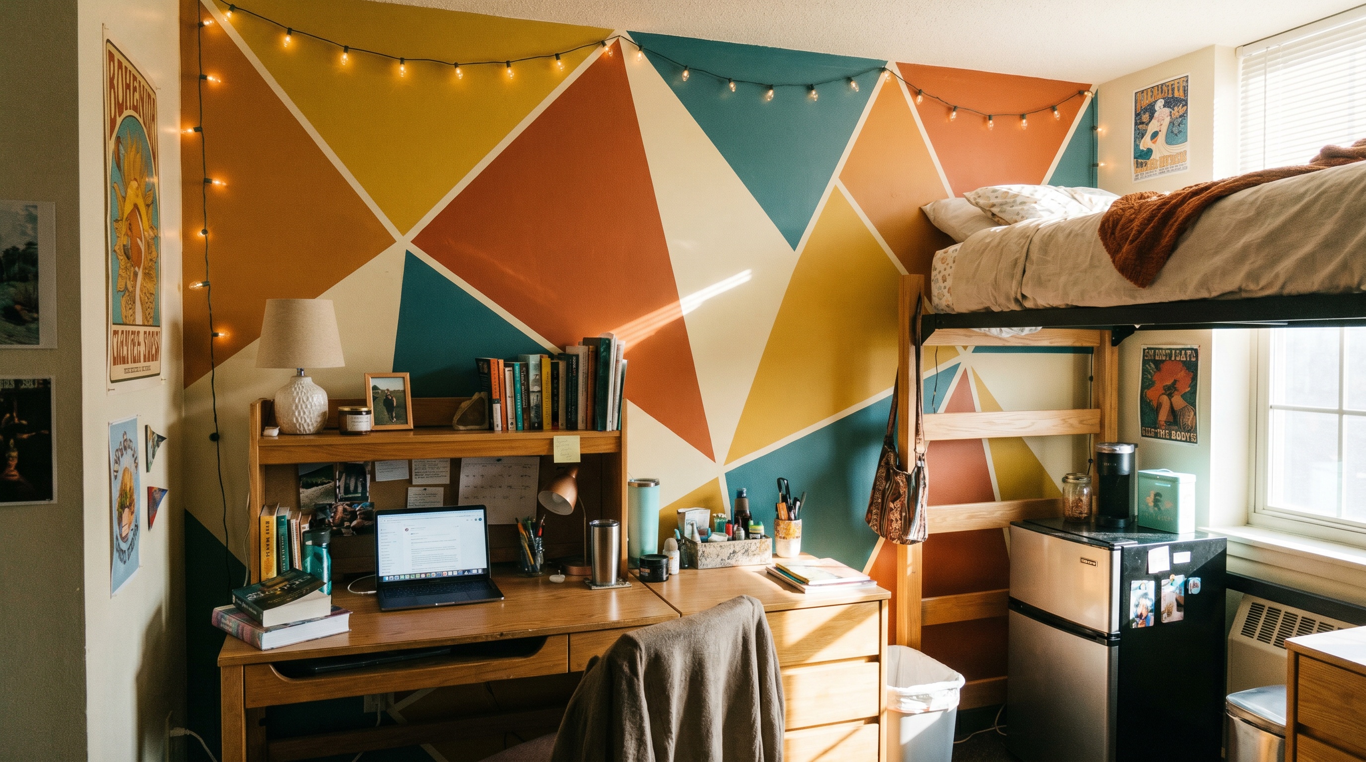 Dorm room with geometric painted accent wall behind desk area