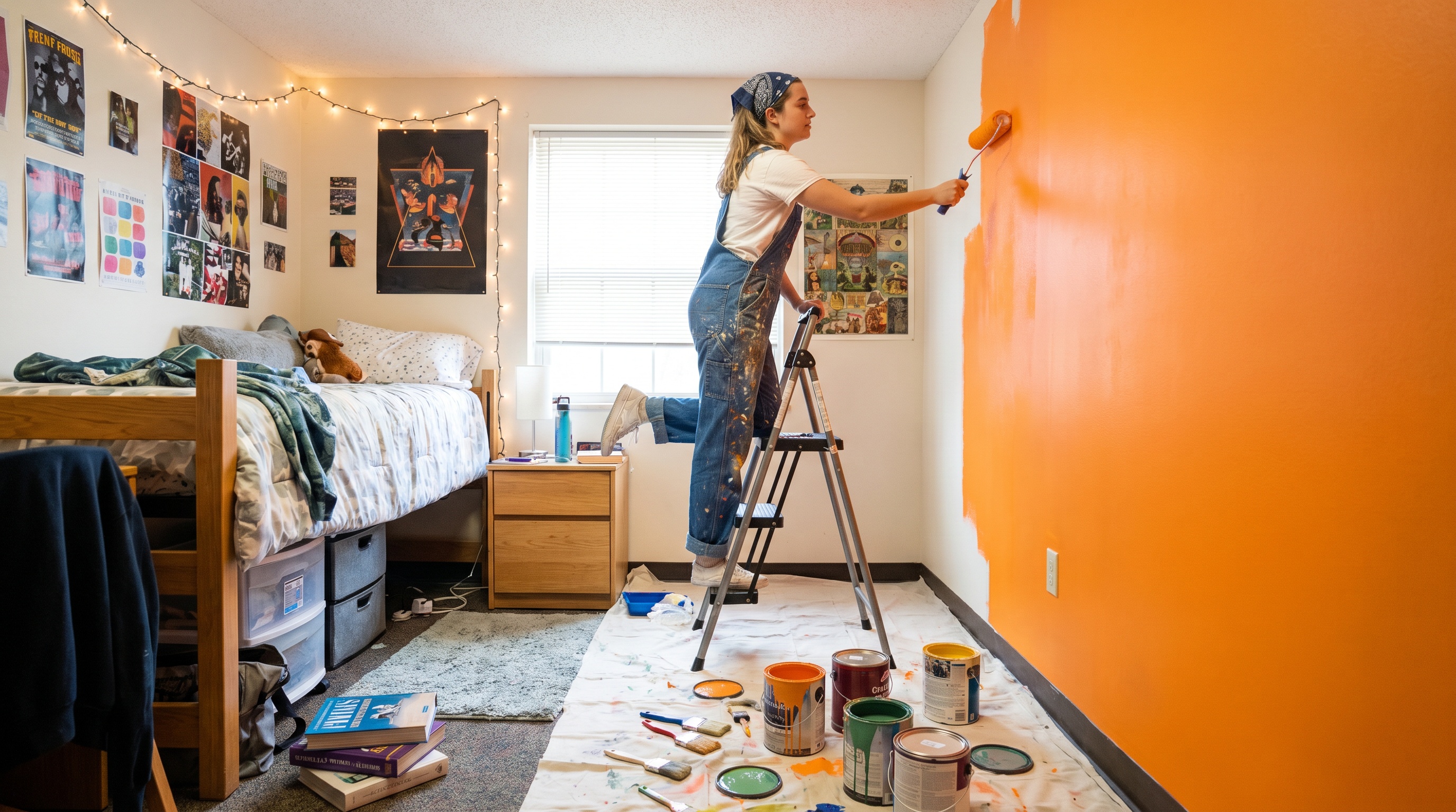 College student painting accent wall in dorm room with colorful supplies