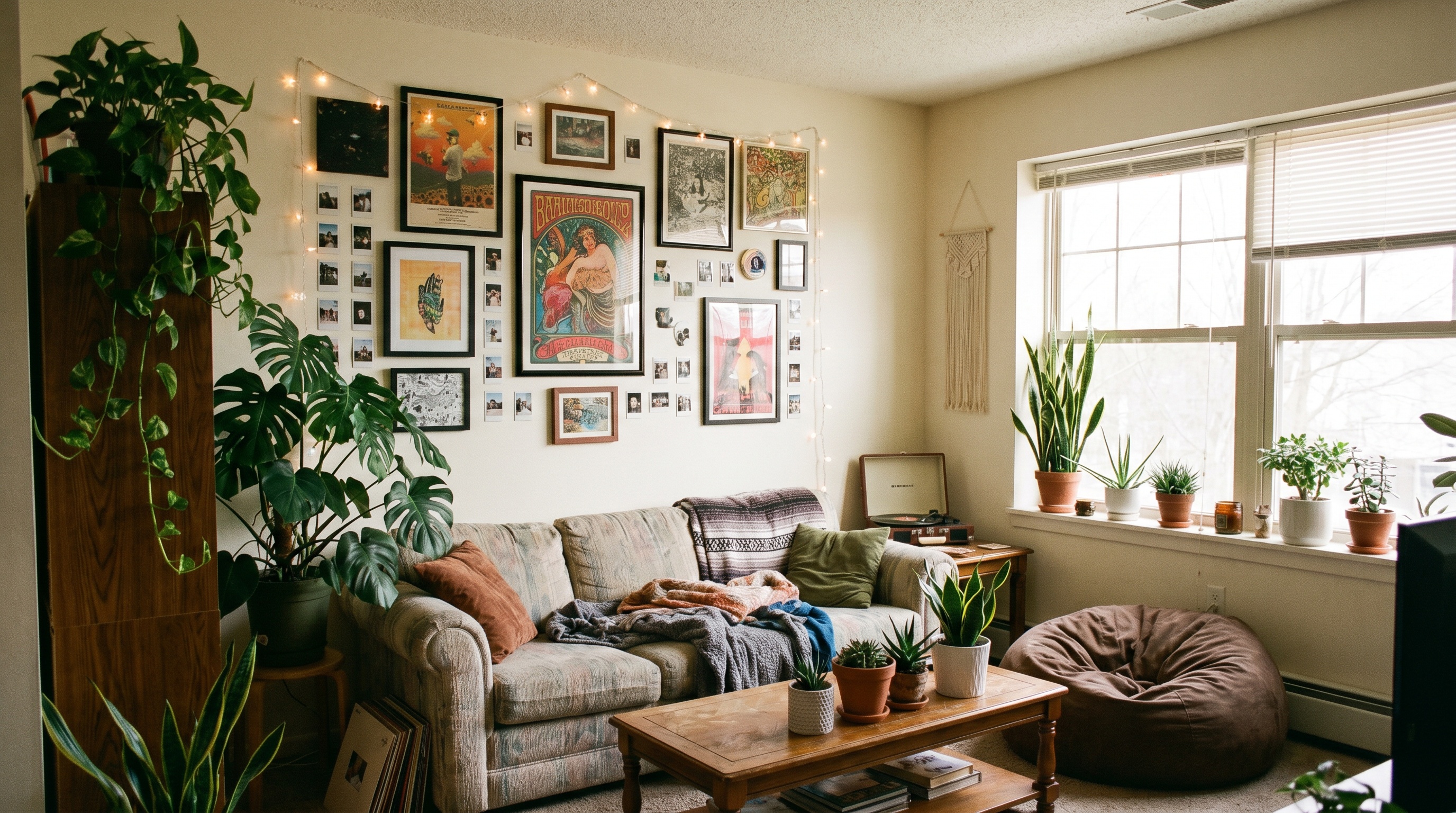 College apartment living room with gallery wall and plants