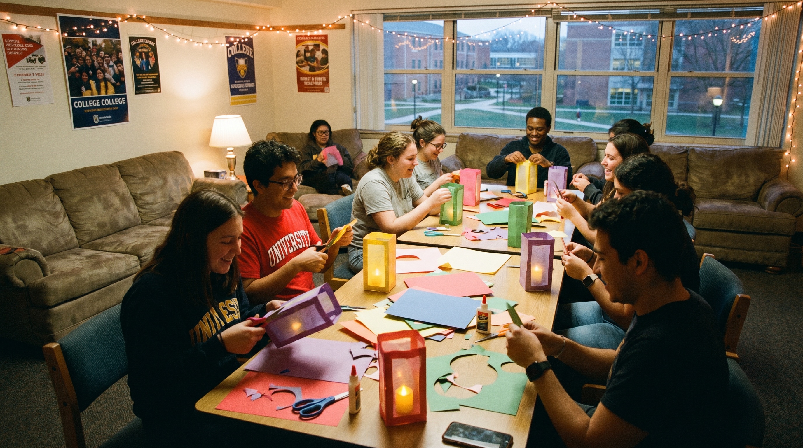 students crafting paper lanterns in dorm common room