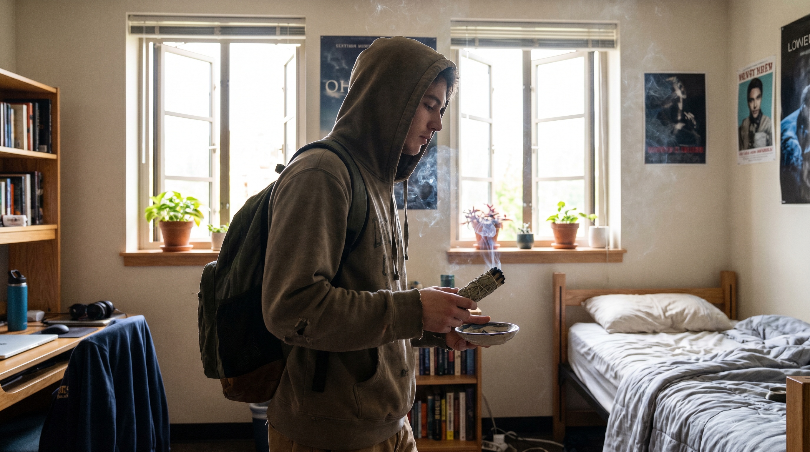 student walking through dorm room with smoking herb bundle, windows open