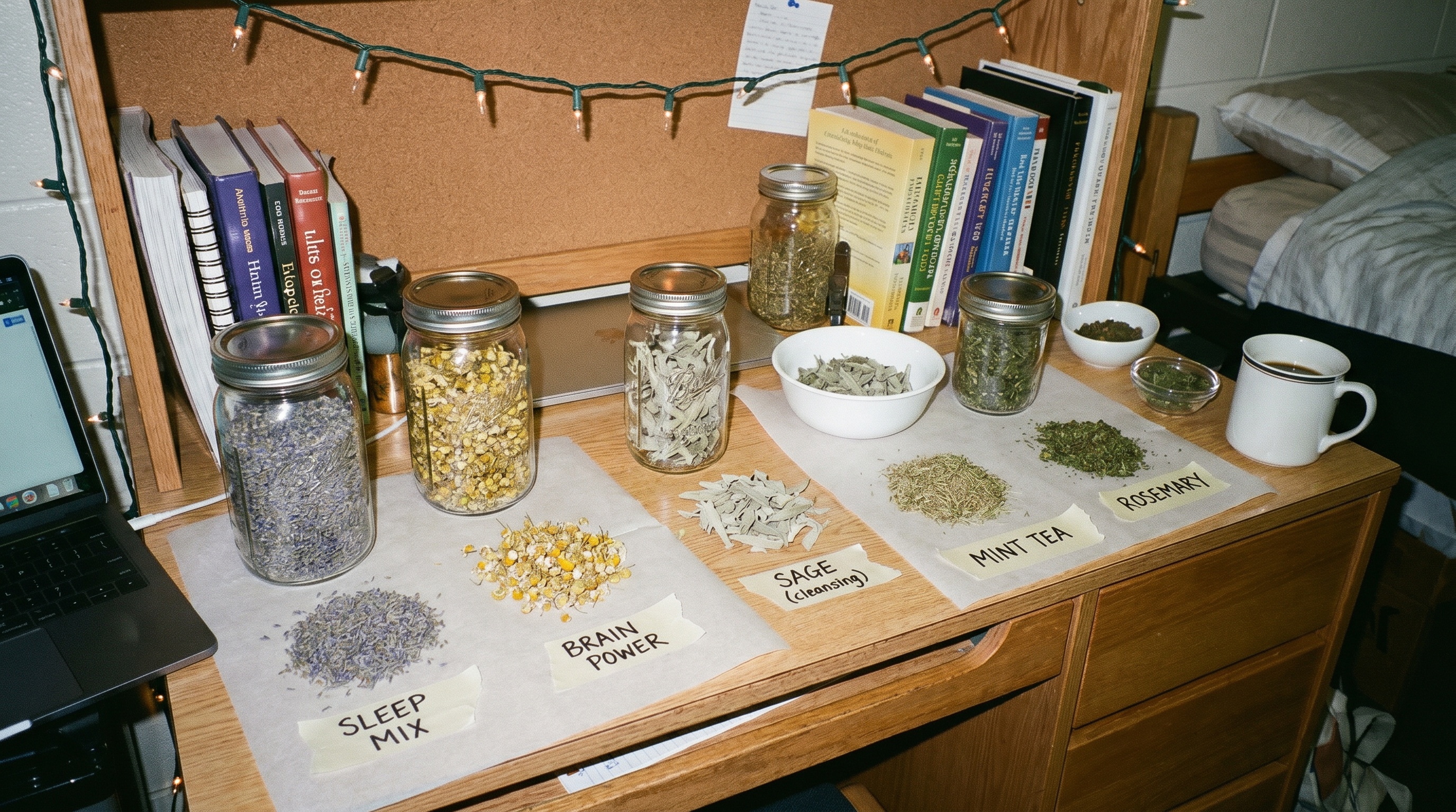 various dried herbs laid out on dorm desk with labels