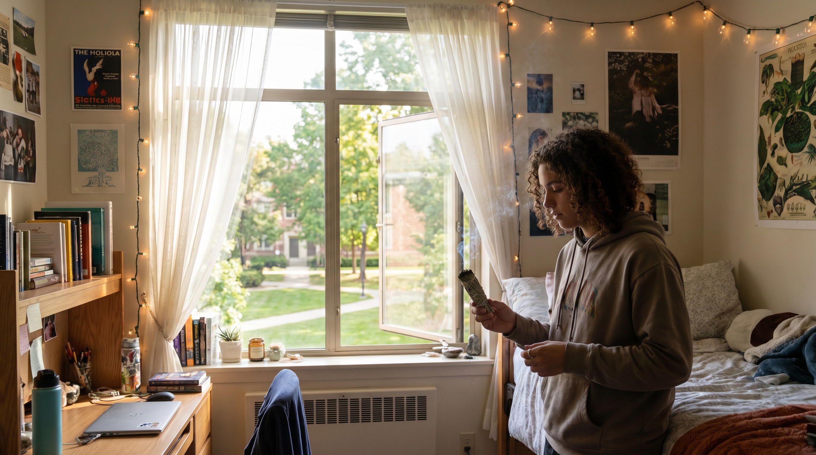 college student holding sage bundle in dorm room with open windows