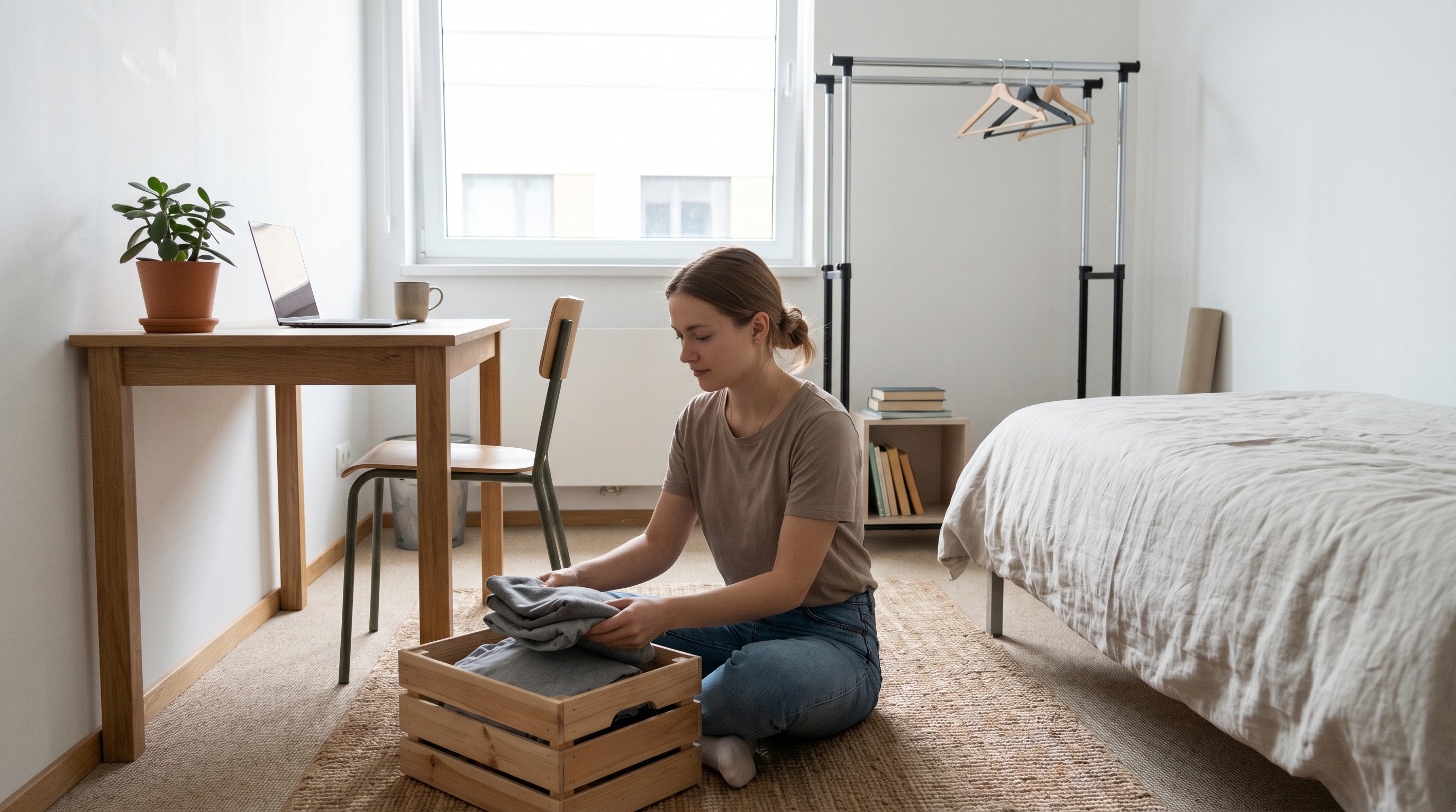 college student organizing minimalist dorm room with few essential items