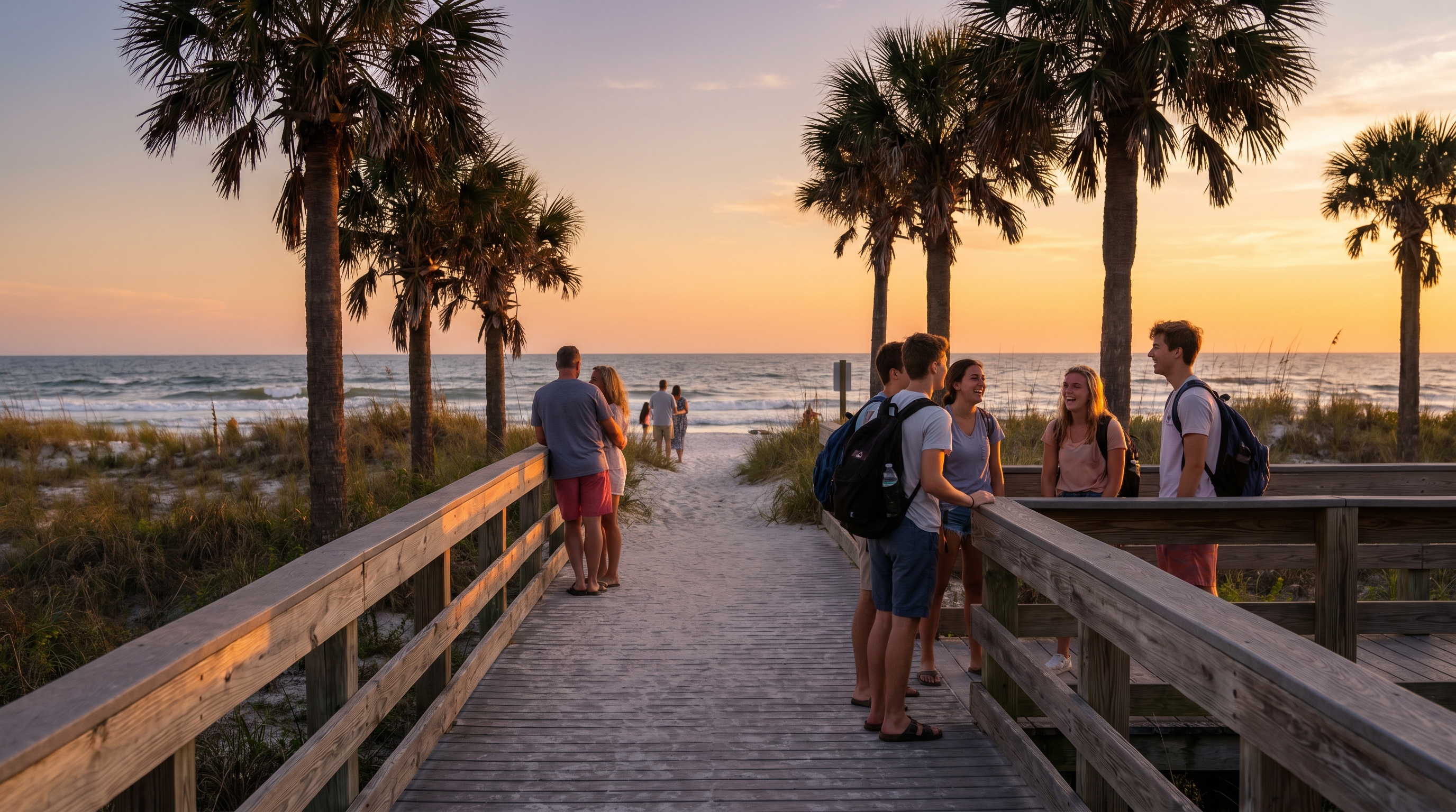 florida beach boardwalk palm trees sunset gulf coast