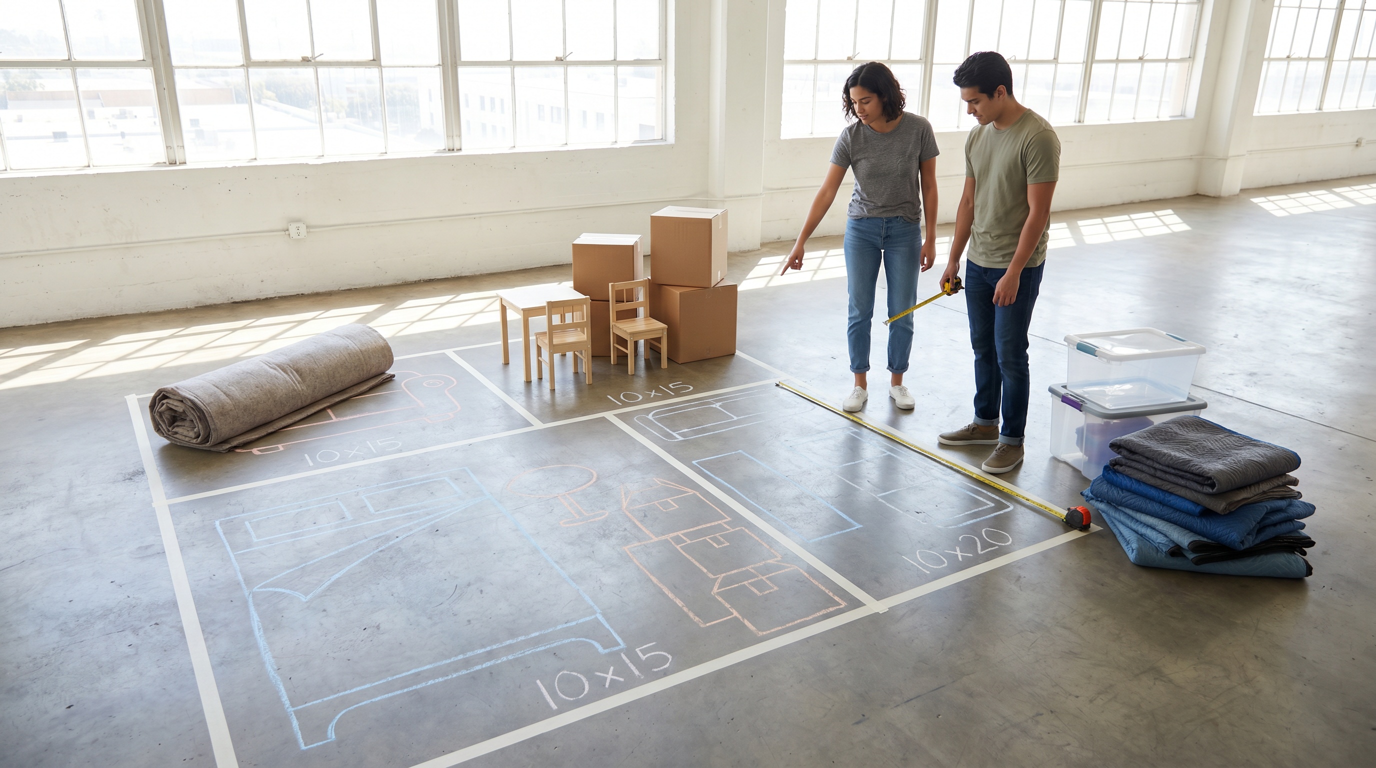 storage unit size comparison chart with furniture layout